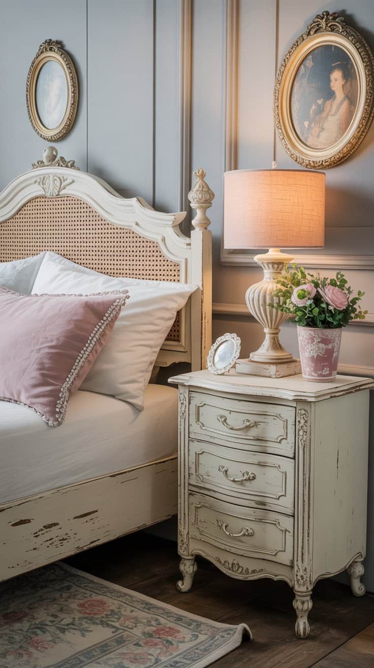 Shabby chic bedroom with mismatched vintage-style nightstands featuring distressed paint and ornate details