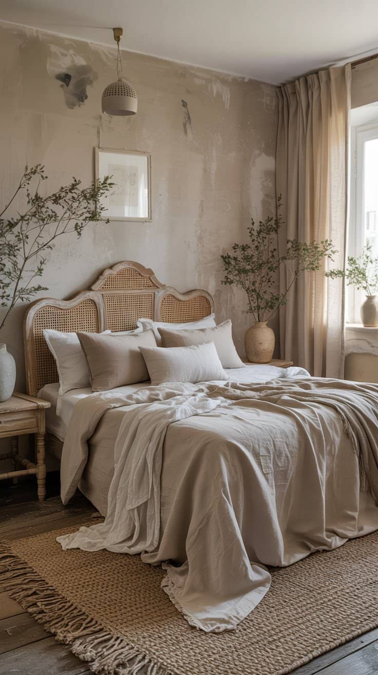 Shabby chic bedroom with natural linen bedding, curtains and cushions in neutral tones with characteristic texture