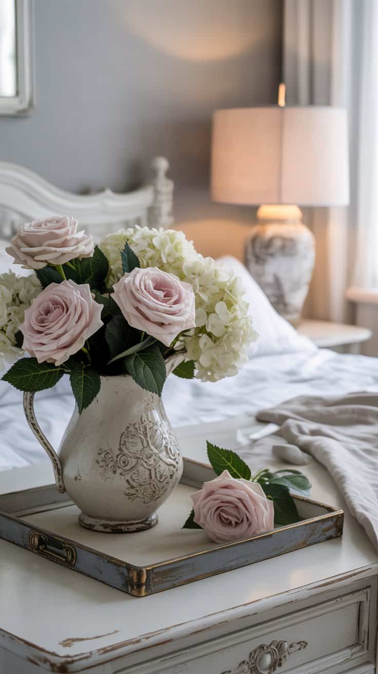 Shabby chic bedroom with simple arrangement of pale roses or hydrangeas in a vintage pitcher adding natural softness