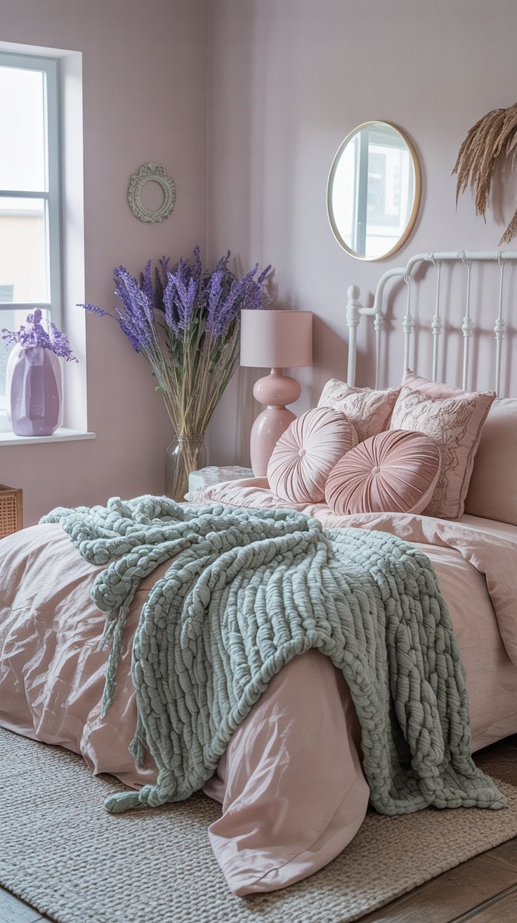 Shabby chic bedroom with soft pastel accents including blush pillows, sage green throw, and lavender decorative items