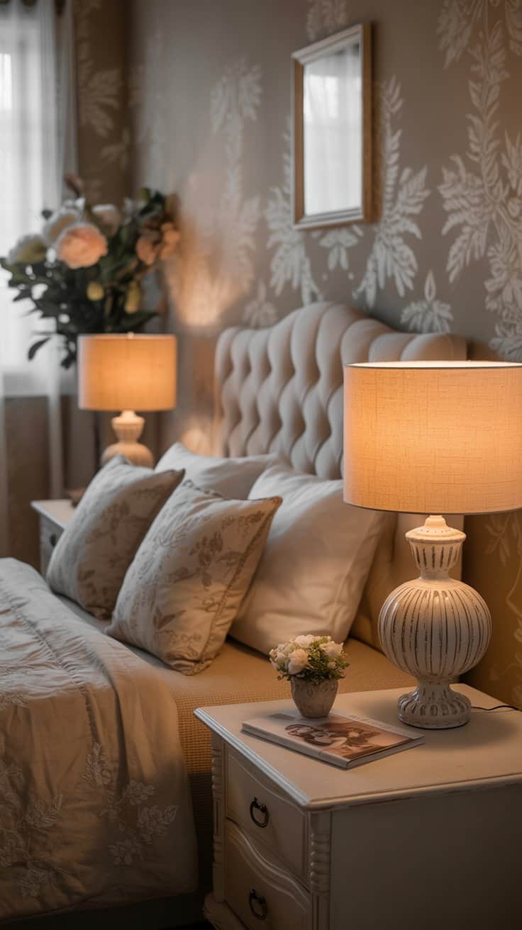 Shabby chic bedroom with soft, warm lighting from table lamps with fabric shades creating an intimate atmosphere