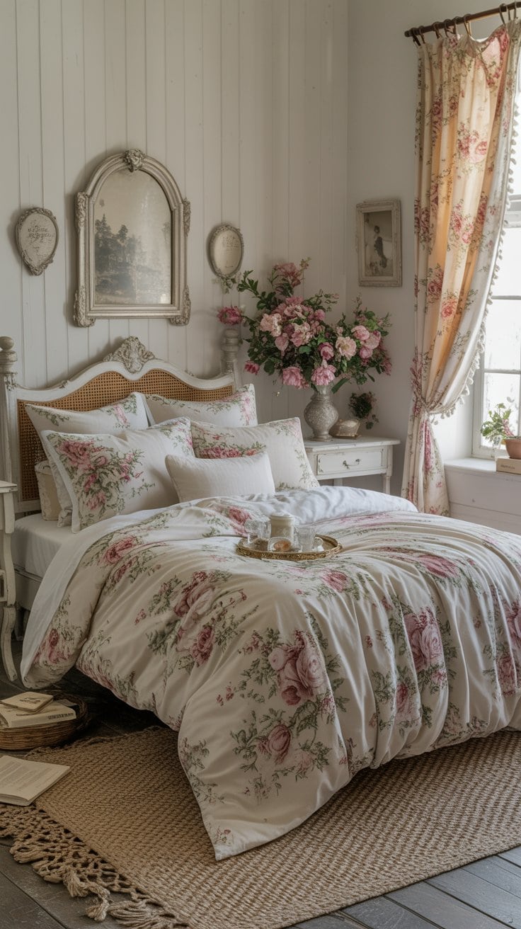 Shabby chic bedroom with vintage-inspired floral bedding in soft, faded colors creating a romantic atmosphere