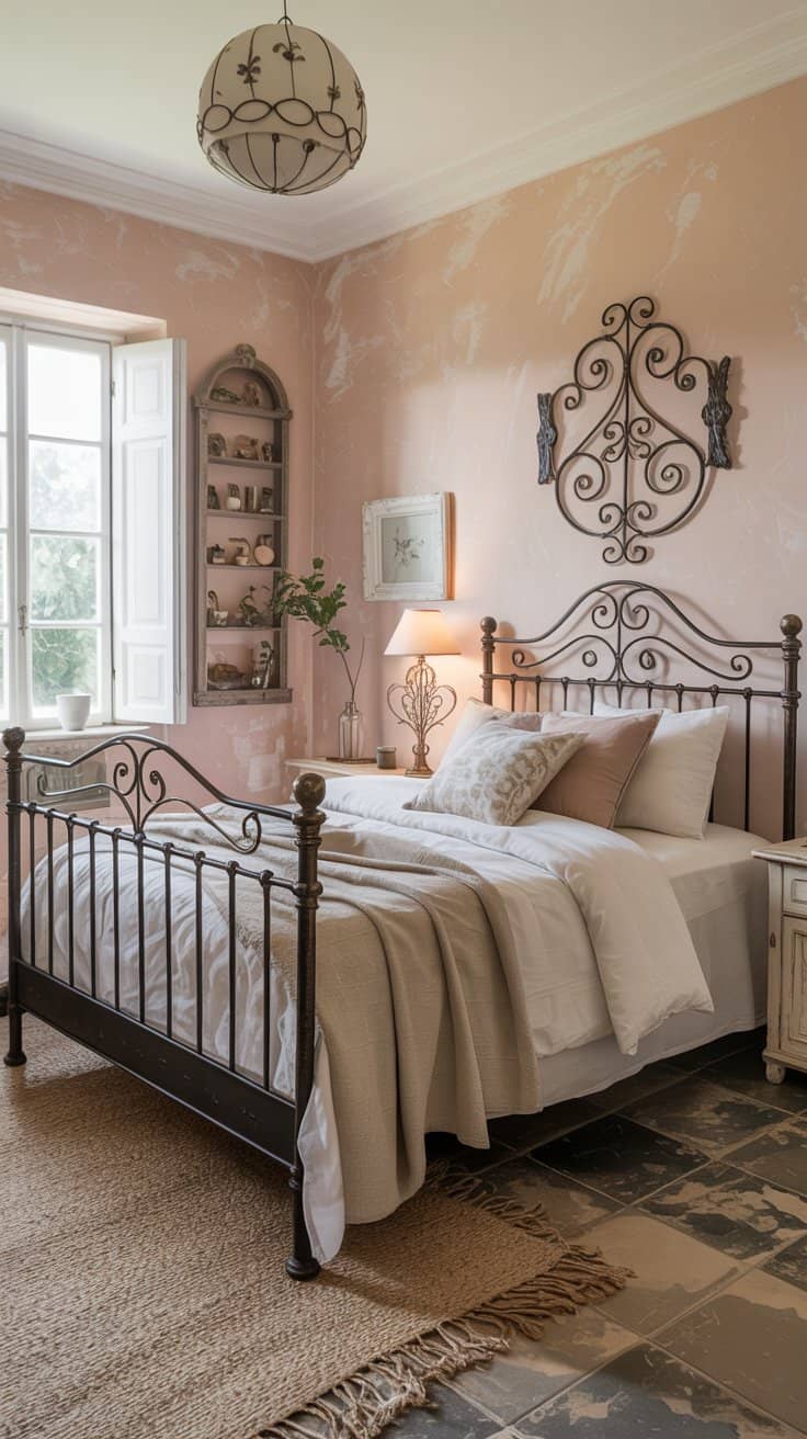 Shabby chic bedroom with wrought iron bed frame and decorative iron wall art providing elegant contrast to soft textiles