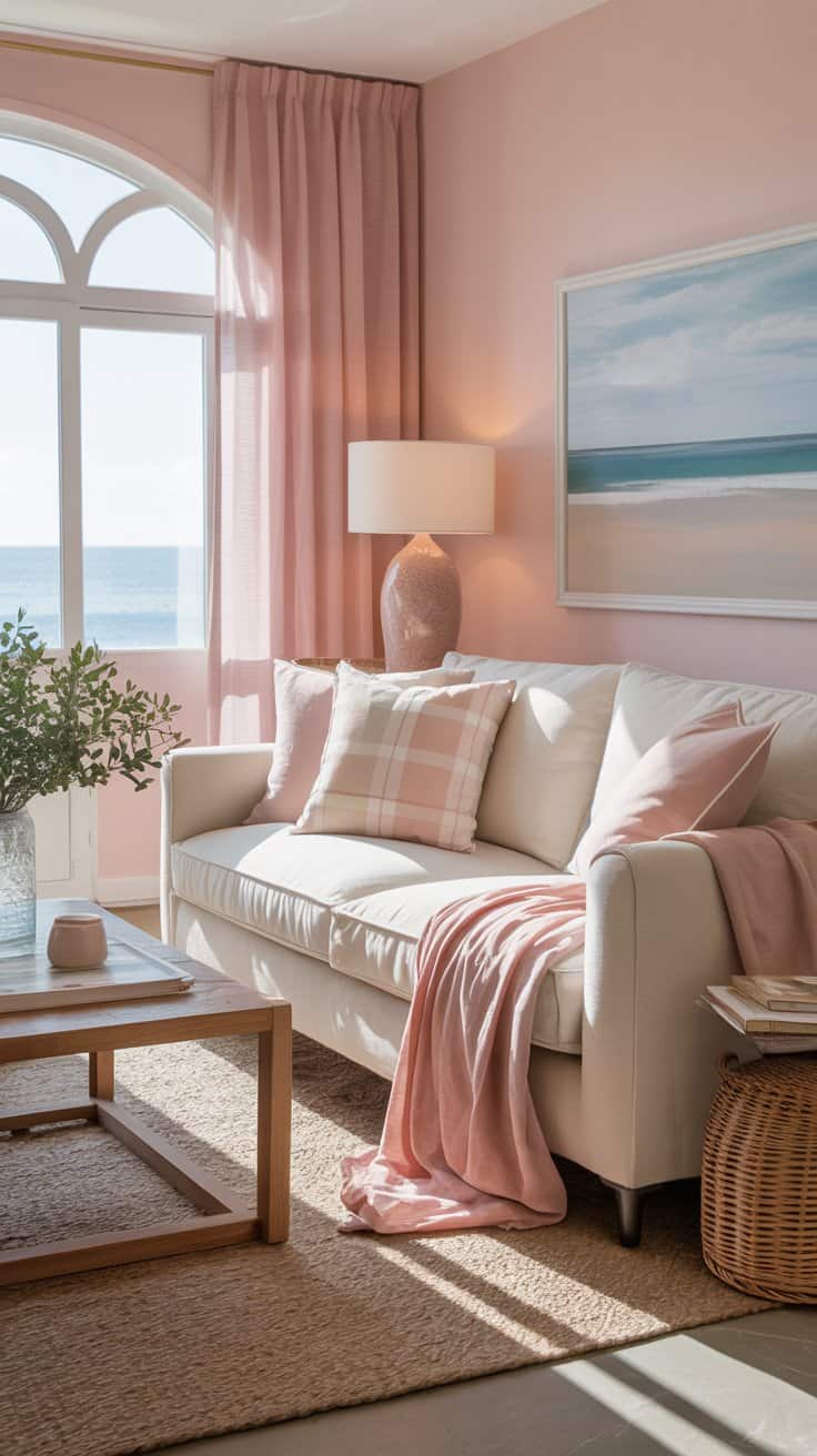Serene coastal living room with pale pink walls, arched ocean-view window, cream sofa with plaid pillows and pink throw, jute rug, wooden coffee table, soft pink curtains, potted plant, and light-filled feminine beach decor.