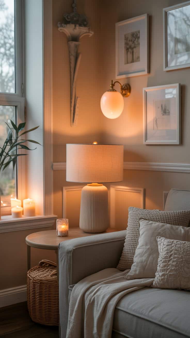 Soft, warm lighting in cottagecore home decor with table lamps, wall sconces, and candles creating a cozy glow