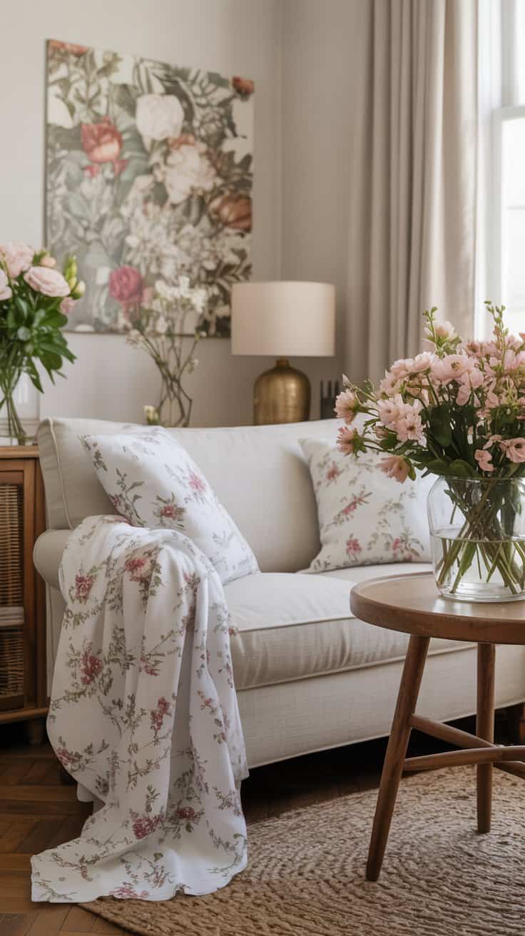 Subtle floral elements in cottagecore home decor with small patterns, statement fabrics, and fresh flowers