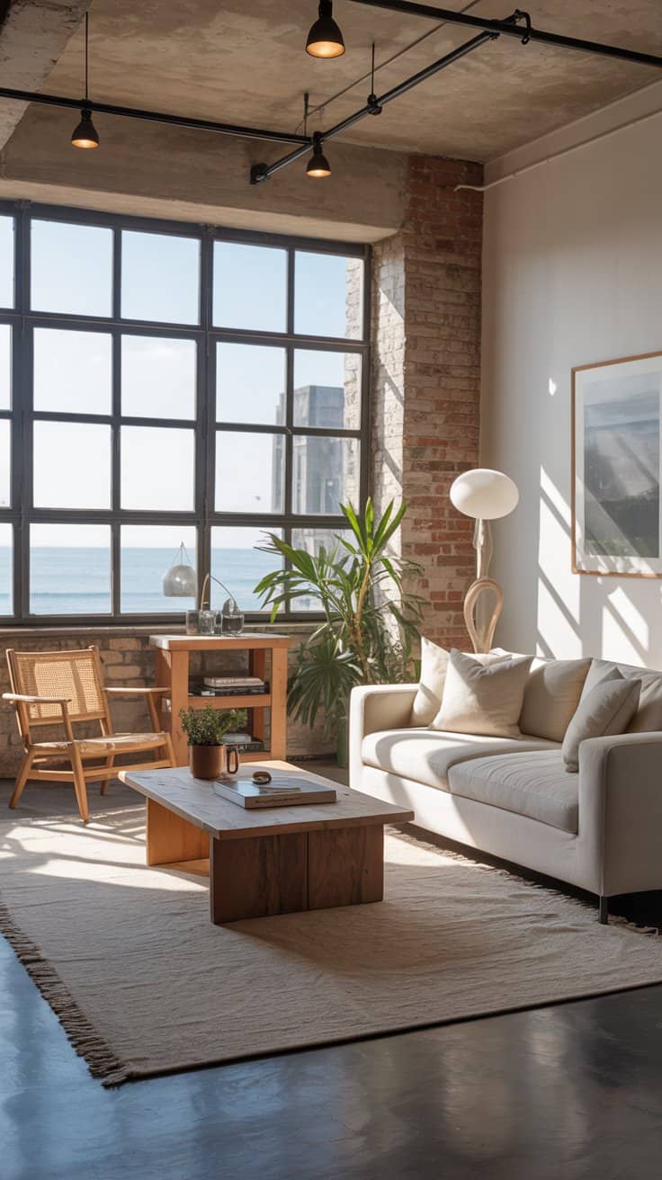 Modern industrial loft living room with exposed brick walls, concrete ceiling, floor-to-ceiling ocean-view windows, beige leather sofa, cane-back chairs, wooden furniture, indoor plants, and sunlit coastal-industrial decor.