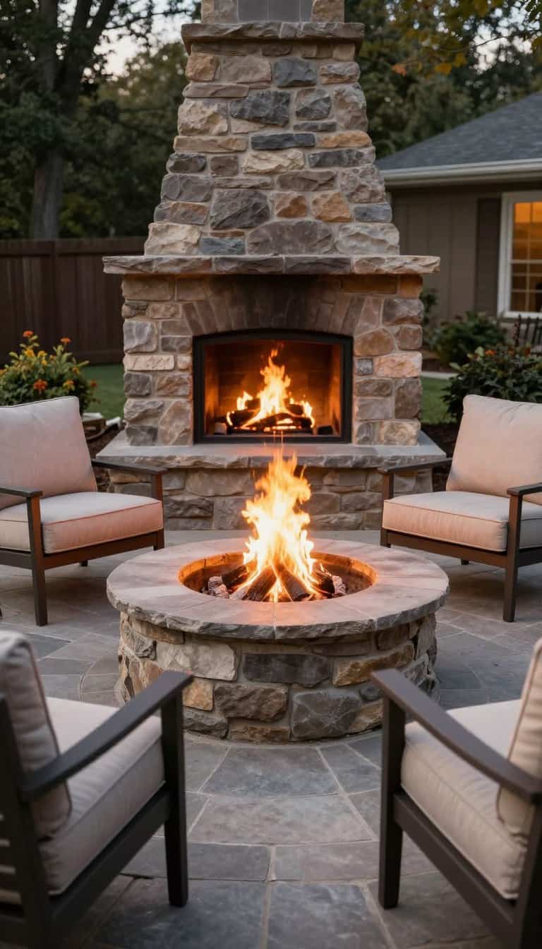 Classic stone fire pit surrounded by comfortable deep seating chairs with neutral cushions
