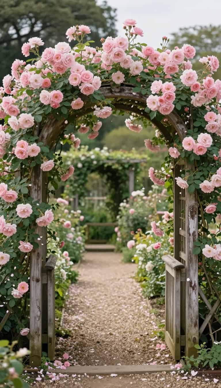 Climbing roses cascading over weathered garden arch with gravel path