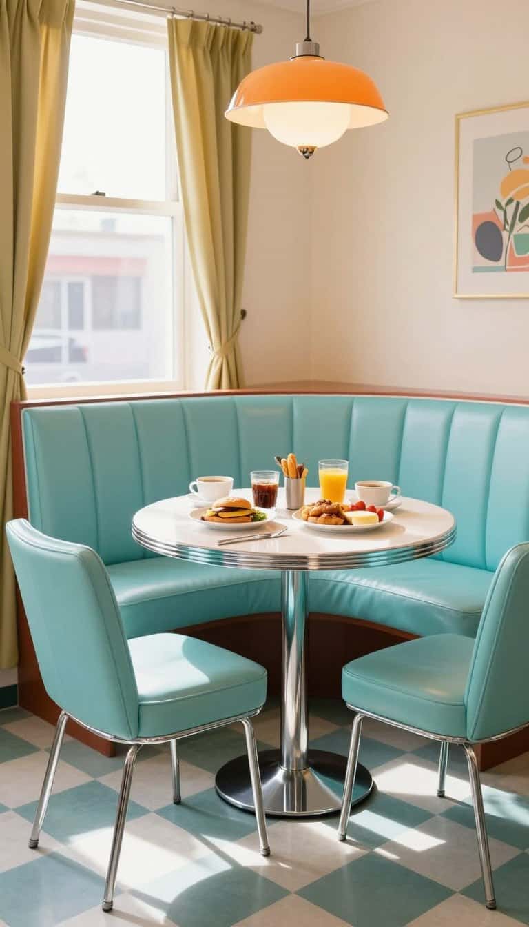 Colorful 1950s breakfast nook with chrome dinette set and pastel vinyl seating