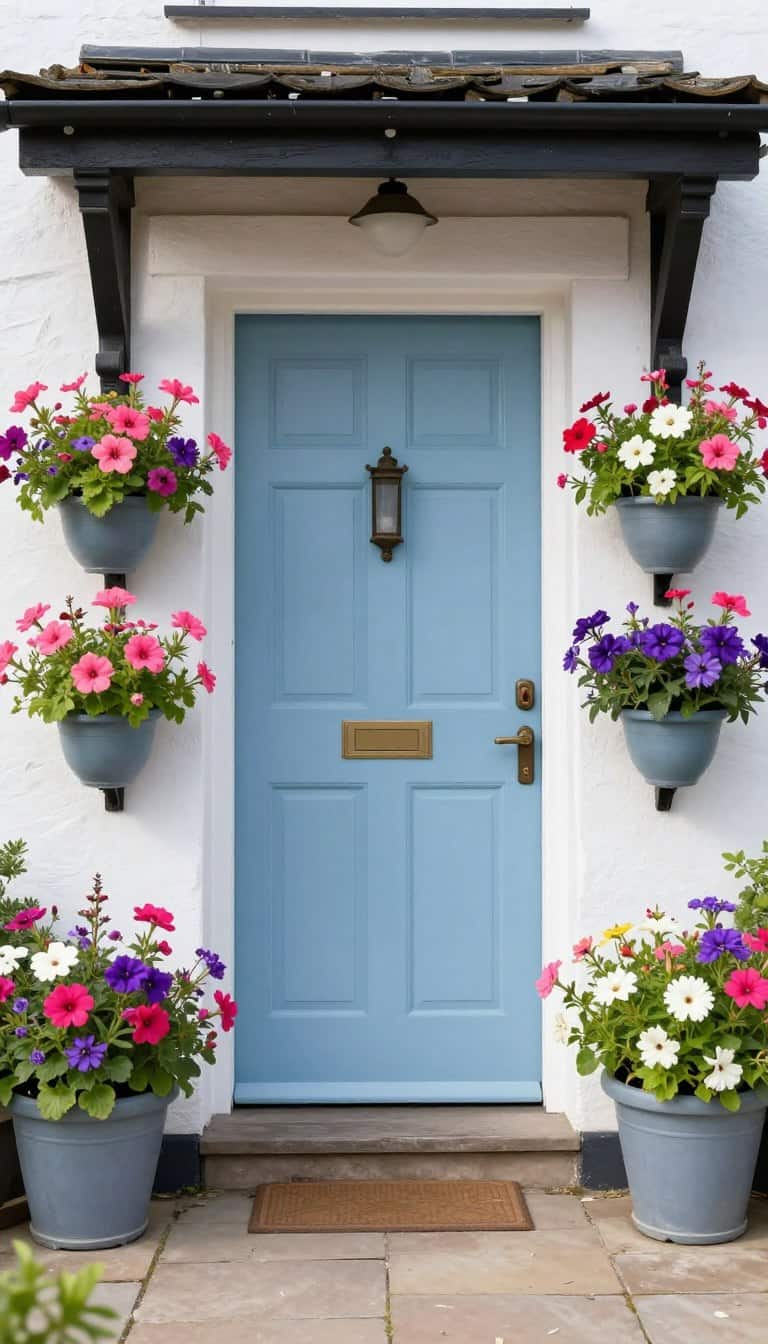 Front door beautifully framed with colorful flower arrangements in matching planters