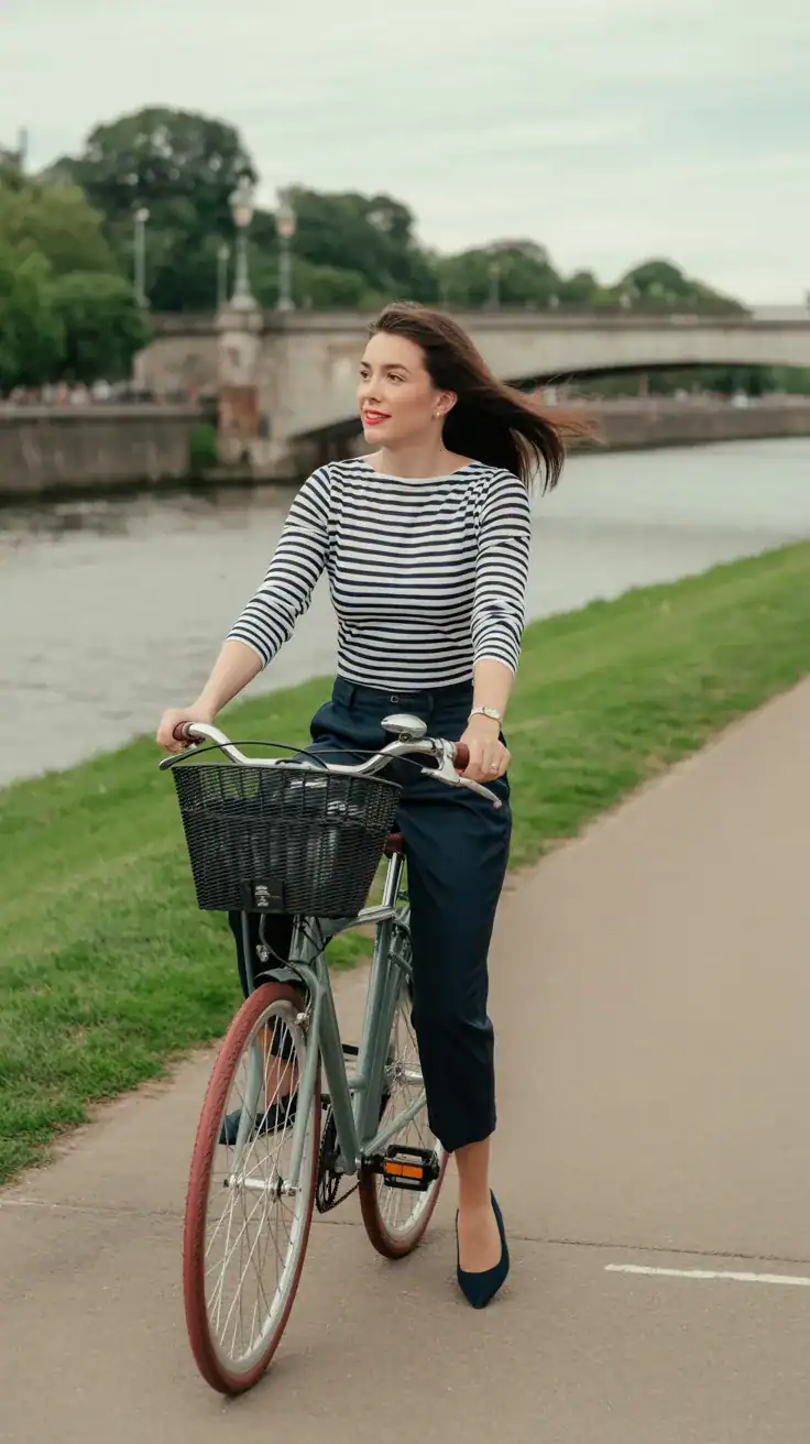 Lifestyle photo of a woman in cropped pants and a Breton stripe top with ballet flats, riding a bike along a riverside path, face looking away, natural daylight, iPhone photo quality.