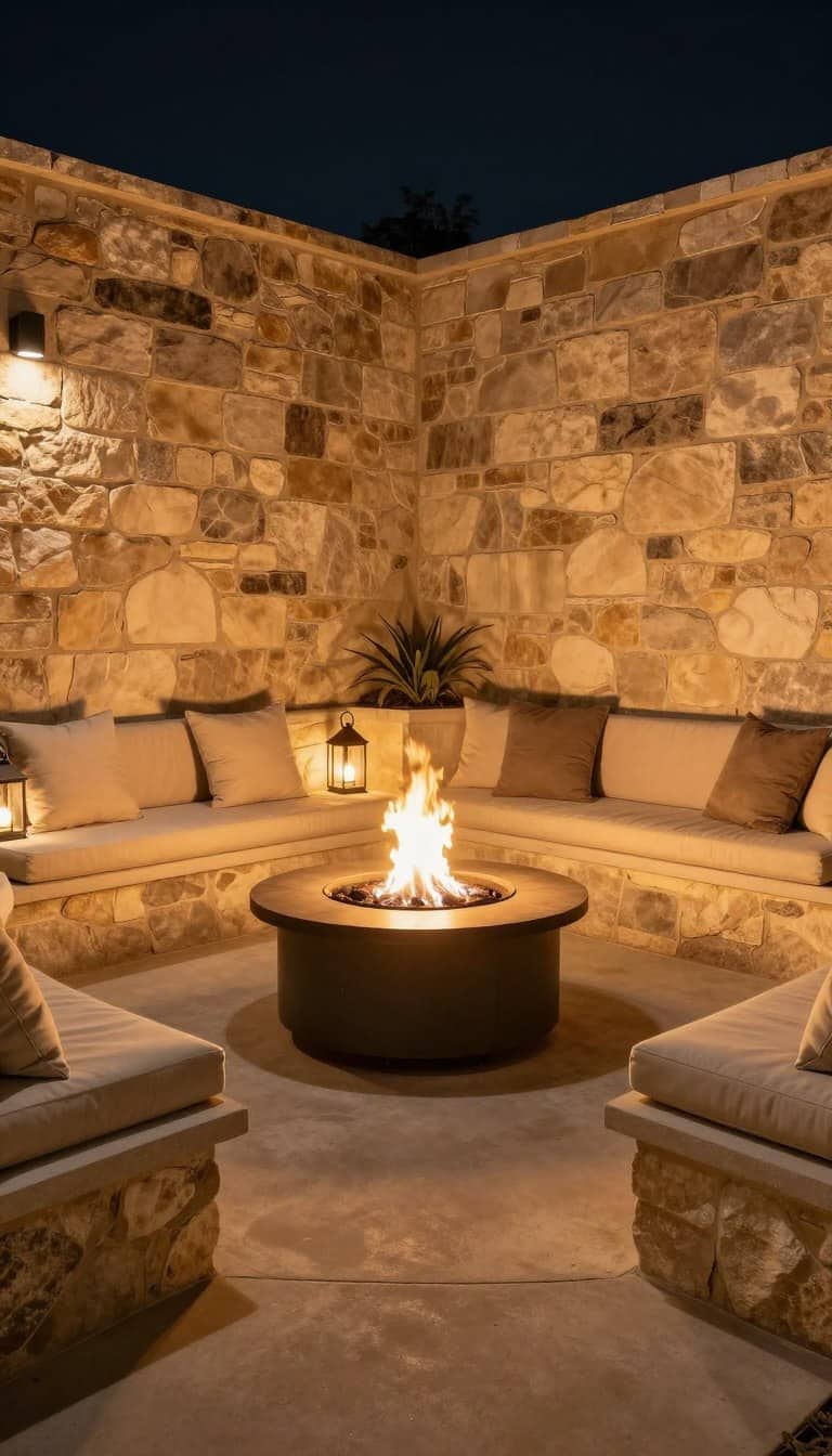 Sunken fire pit lounge with built-in bench seating and neutral cushions surrounded by warm stone