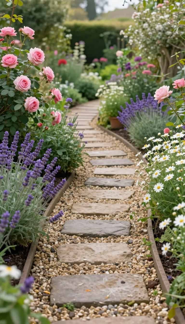 Winding gravel path through lush English cottage garden with flowers spilling over edges