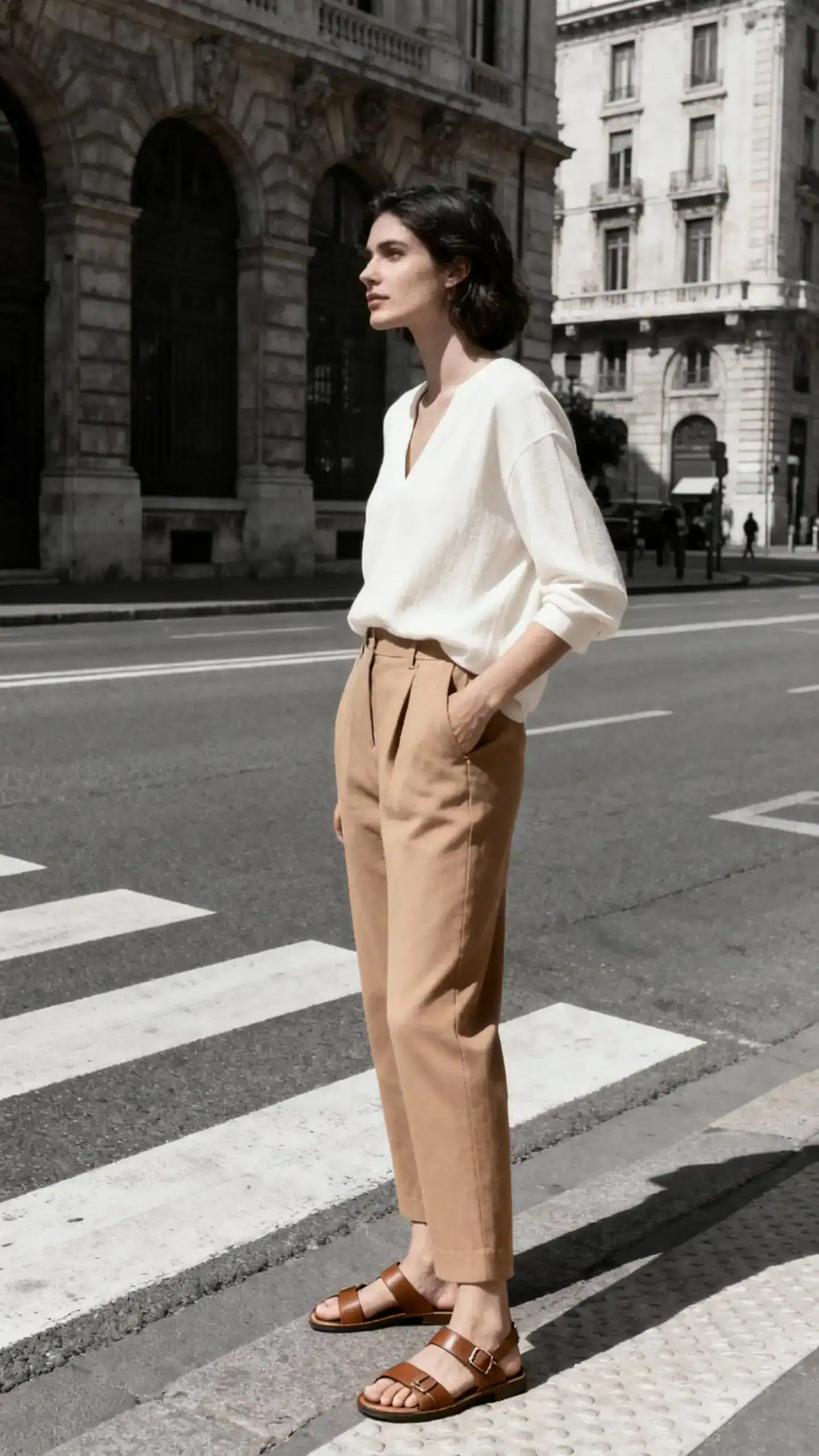 Candid shot of a woman in monochrome neutral separates (cream top and tan trousers) with understated leather sandals, waiting at a crosswalk near historic buildings, face in shadow, soft daylight, iPhone photo quality.
