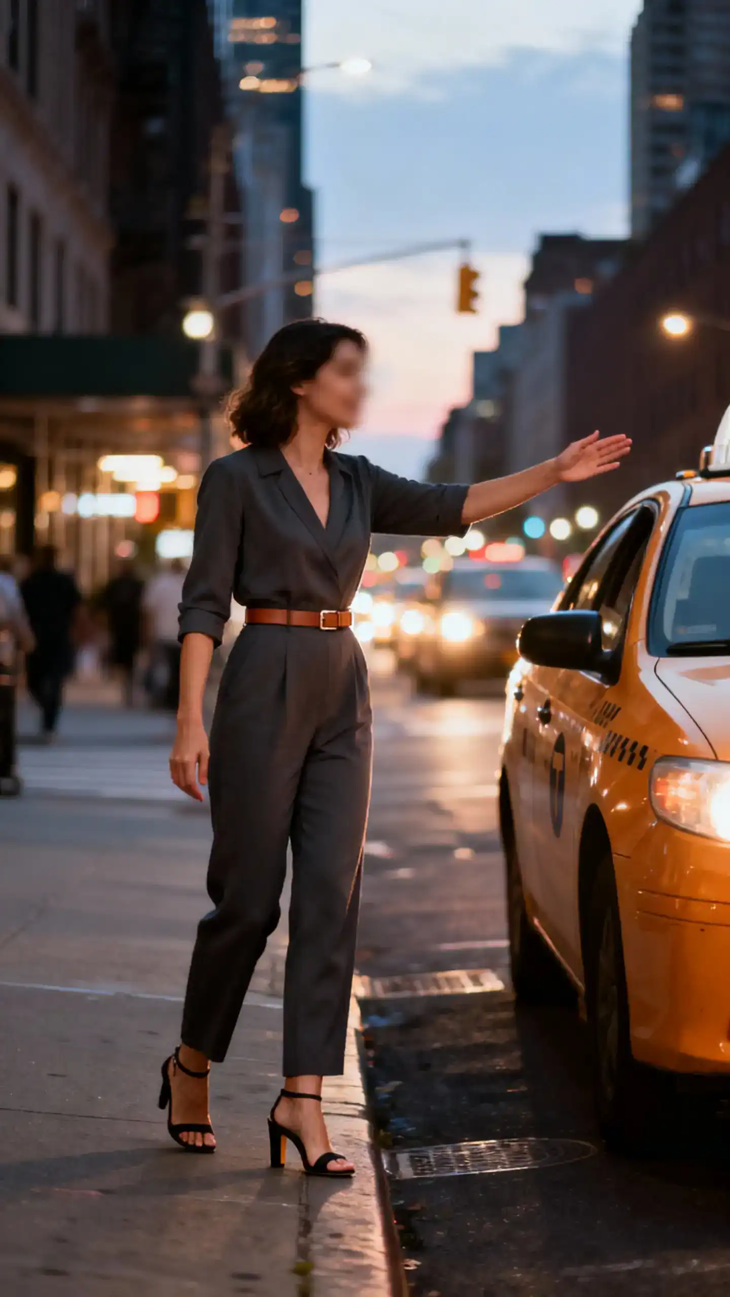 Candid street photo of a woman in a tailored day-to-night jumpsuit with heeled sandals and a slim belt, hailing a taxi at dusk, face slightly blurred, city lights, iPhone photo quality.