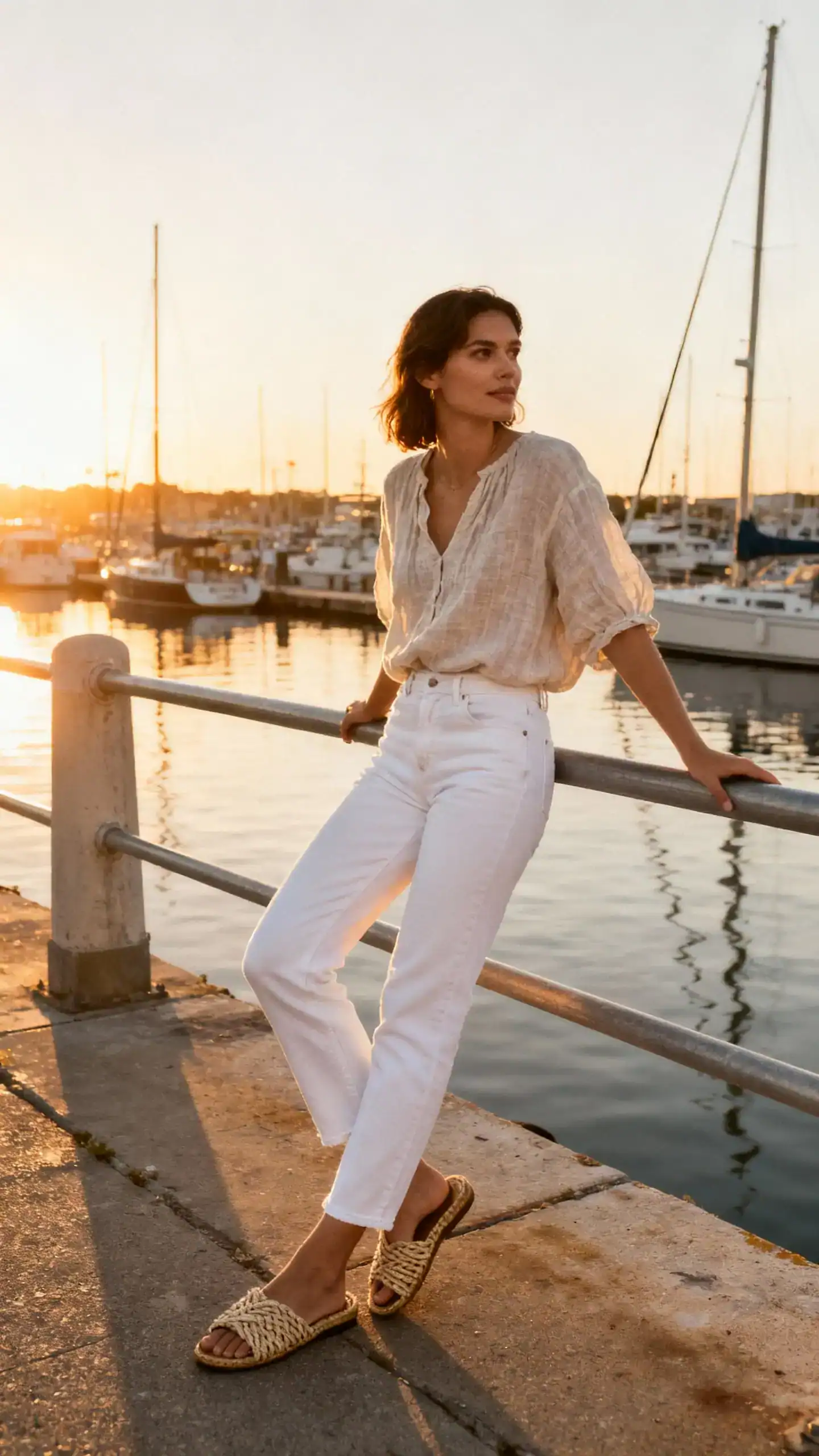 Coastal-cool candid of a woman wearing white jeans and a lightweight linen top with woven slides, leaning on a harbor railing at sunset, face looking away, golden light, iPhone photo quality.