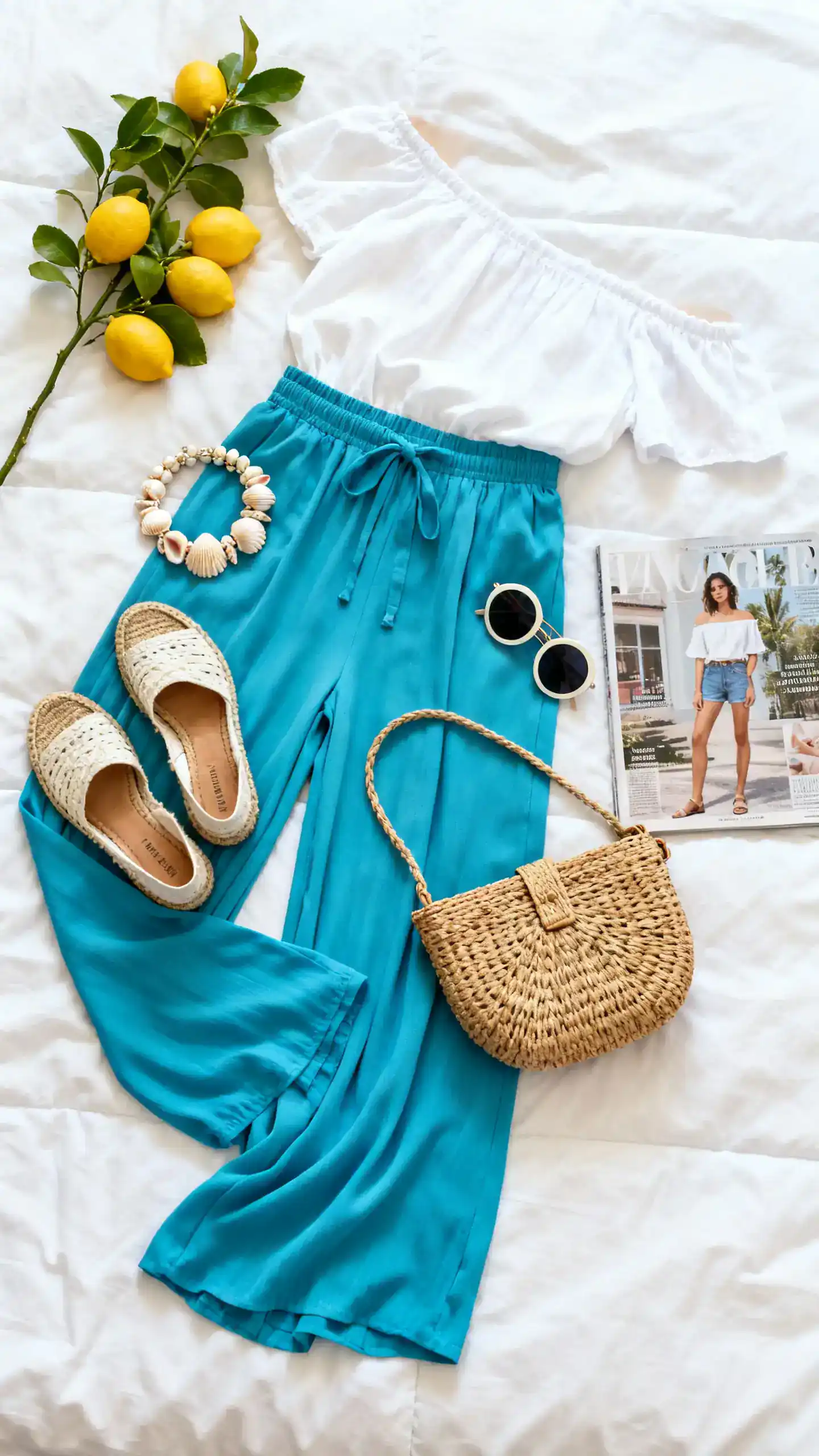 Flat lay top-down of Capri-cool palazzo pants and off-shoulder flair: breezy azure palazzo pants, white off-shoulder top, espadrille wedges, woven clutch, shell bracelet, and round sunglasses; placed on a white bed with a lemon branch and a fashion magazine as props, bright natural light, no person visible, clean organized composition, iPhone photo aesthetic.