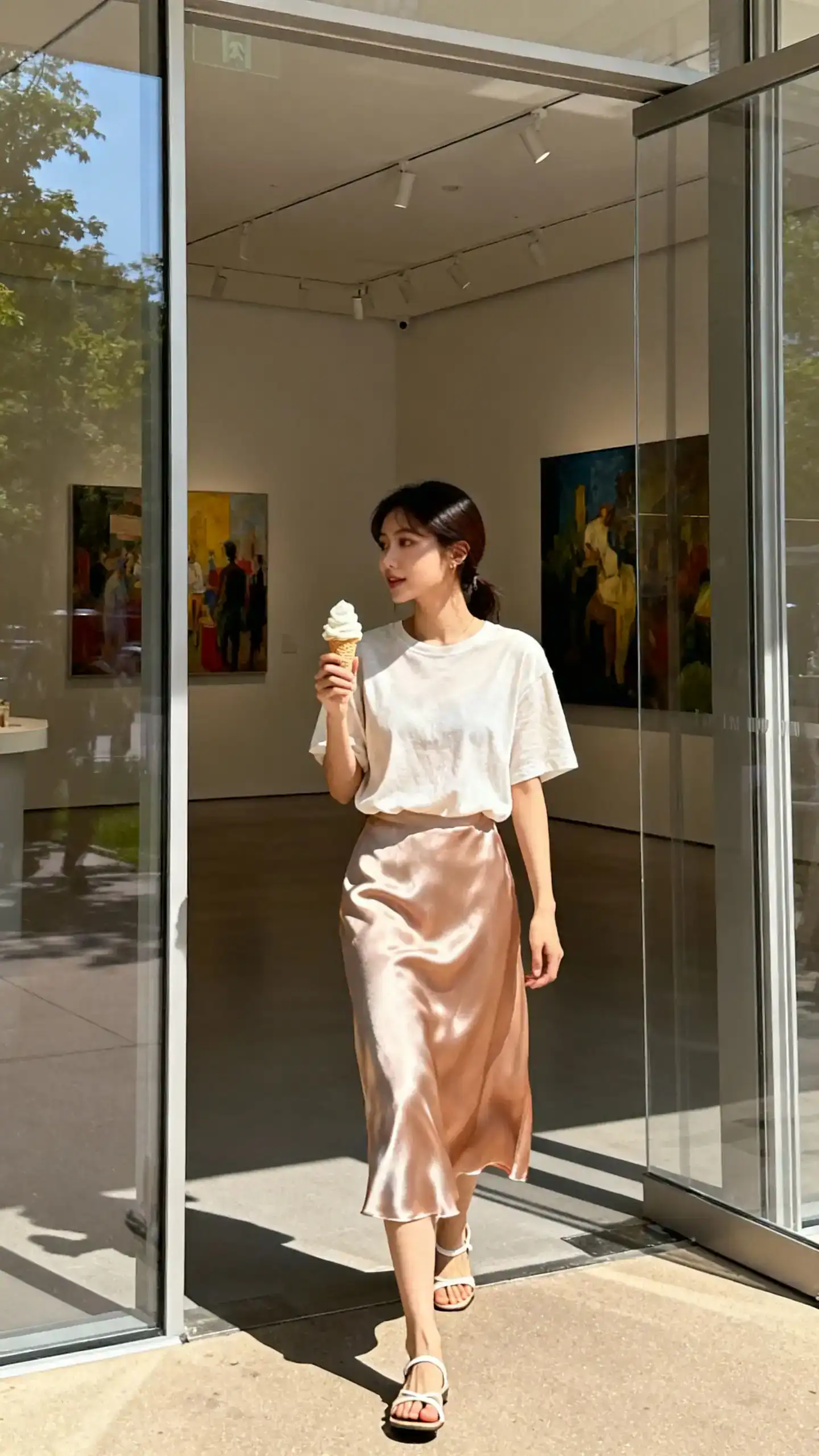 Natural lifestyle shot of a woman in a silk-feel midi skirt and breezy tee with delicate sandals, leaving a modern art gallery and heading for gelato, face in partial shadow, afternoon light, iPhone photo quality.
