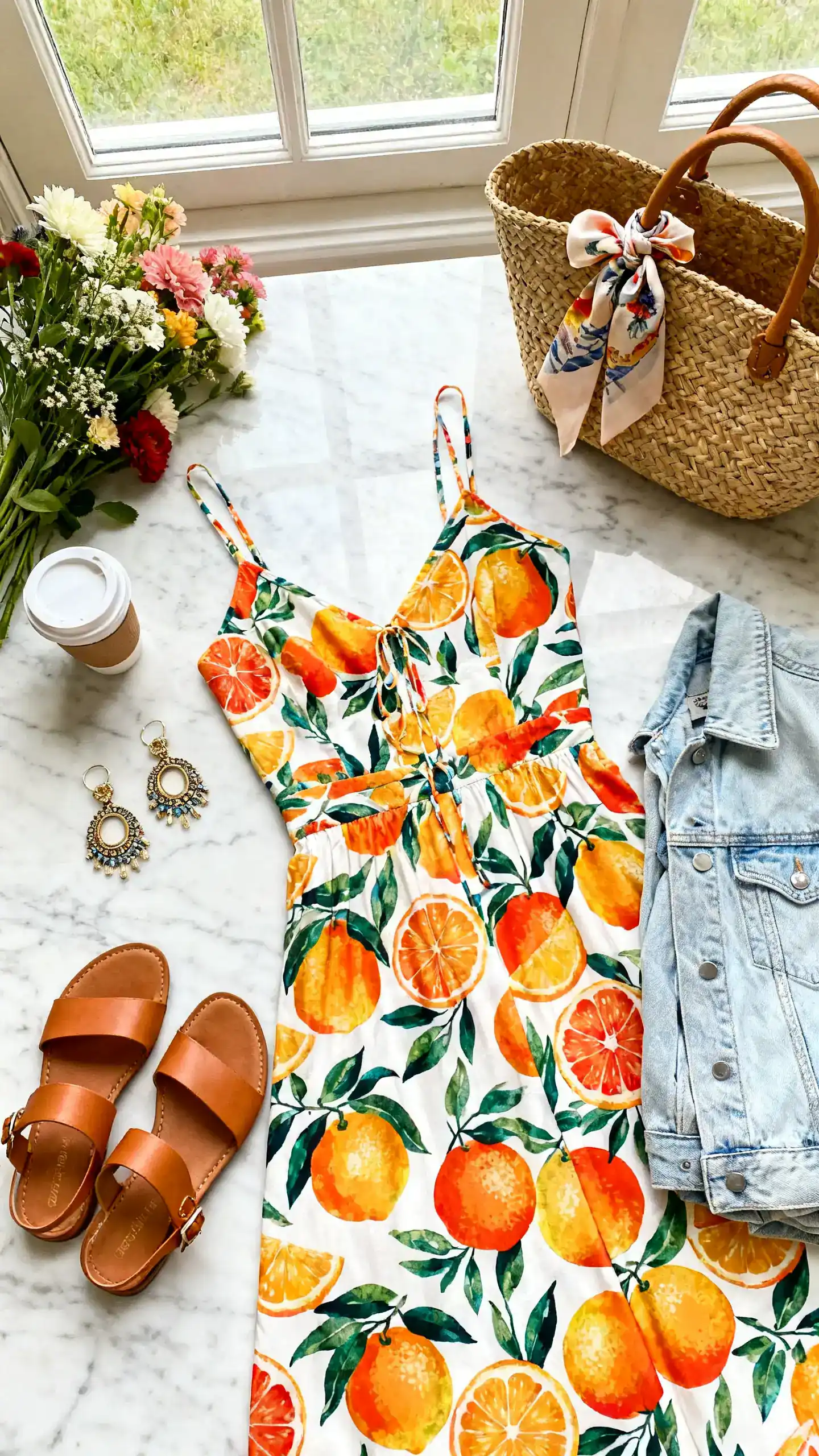 Overhead flat lay of a Sicilian sundress look: vibrant citrus-print sundress, tan leather sandals, straw market bag with a silk scarf tied to the handle, statement earrings, and a lightweight denim jacket folded nearby; arranged on a marble surface with fresh flowers and a coffee cup as props, bright natural window light, no person visible, organized composition, iPhone photo aesthetic.