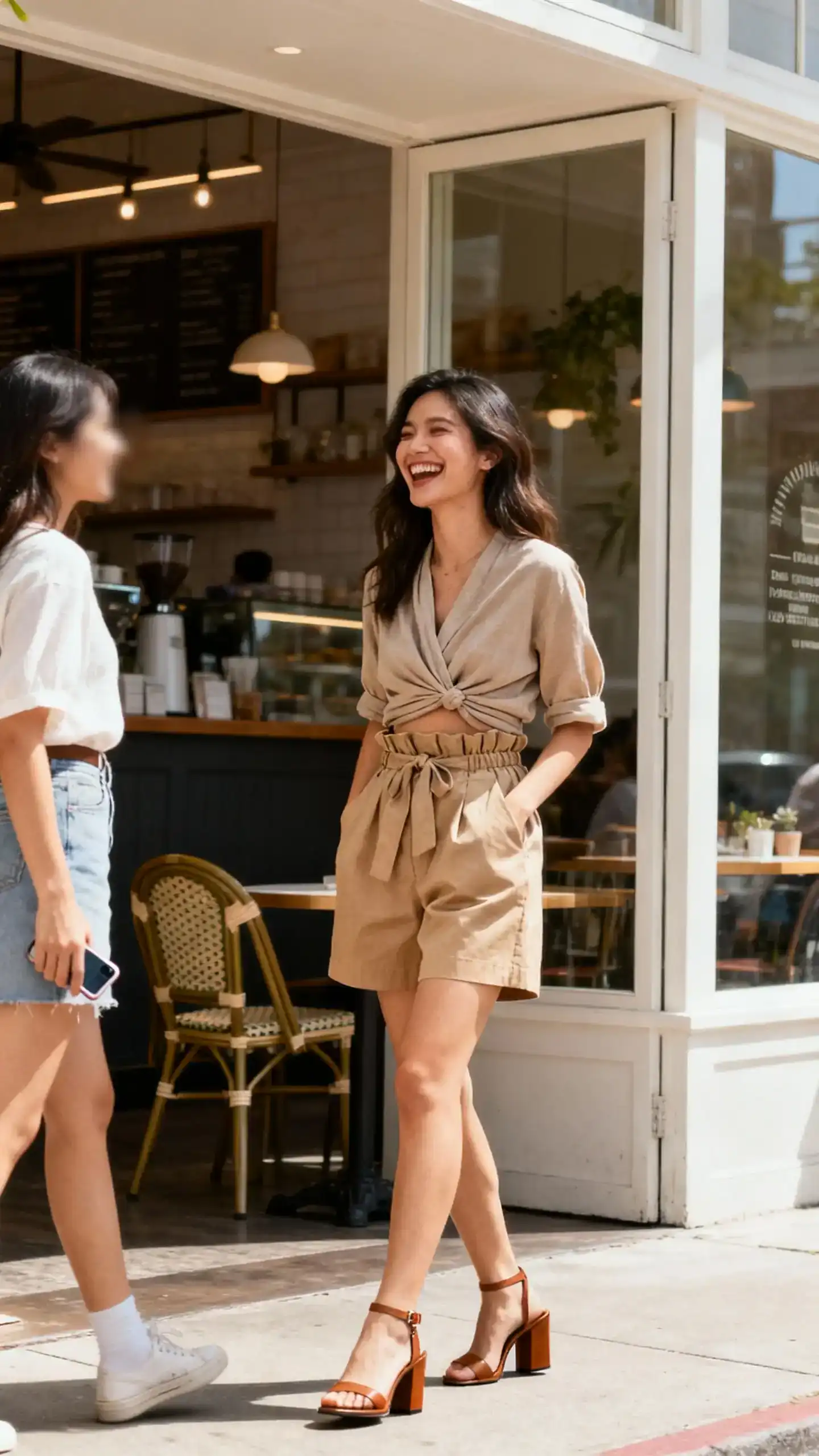 Street candid of a woman in paperbag shorts and a wrap top with block-heel sandals, laughing with a friend outside a cafe, face slightly blurred, bright daylight, iPhone photo quality.