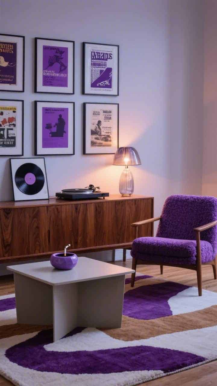 Angled medium lounge scene, mid-century retro: walnut credenza along the back wall; lavender boucle accent chair beside a low geometric coffee table; graphic rug in lilac, camel, and ivory; gallery wall of vintage posters with violet tones; smoked-glass lamp glowing warmly; vinyl record player and a lavender ceramic ashtray as curated decor; evening ambient light.