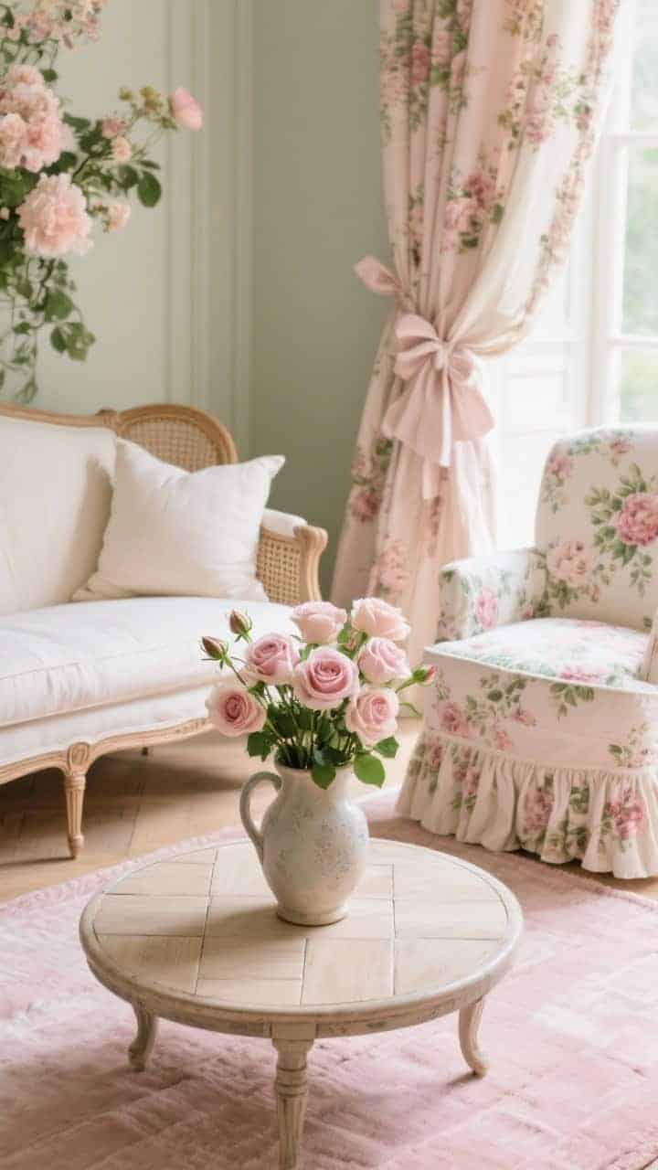 Closeup detail shot of romantic florals and cane-back charm: a French cane-back sofa with creamy cushions next to a floral slipcovered chair; a round parquet coffee table holding a ceramic pitcher of fresh garden roses; soft blush rug beneath; ruffled linen curtain edges and delicate bows visible; colorway of blush, ivory, and moss; gentle daylight highlighting textures, photorealistic.