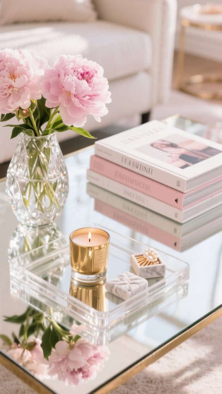 Closeup glamour shot on a mirrored/glass coffee table; a lucite tray stacks fashion and interiors books with white and blush covers; a faceted glass vase of pale pink peonies, a rose-gold candle, a pearl-topped matchbox, and a small marble knot; sparkling reflections and soft blush tones under luminous, diffused spring light.