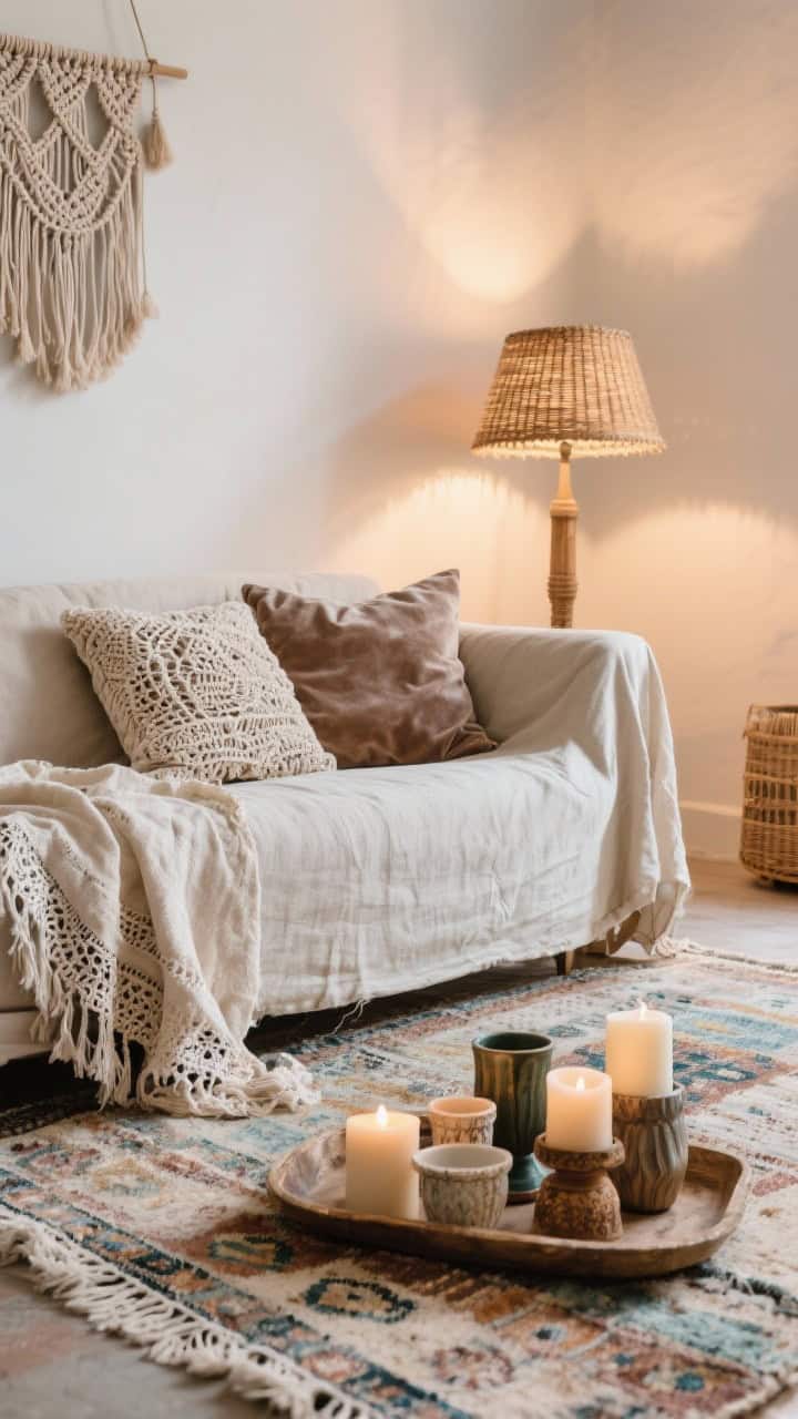 Closeup of boho shabby textures: faded kilim rug layered with a lace-edged throw; low slipcovered sofa edge visible; pillows mixing crochet, linen, and brushed velvet; candles in mismatched holders clustered on a tray; rattan lamp and macrame wall hanging softly blurred in background; cozy, glowing ambiance.