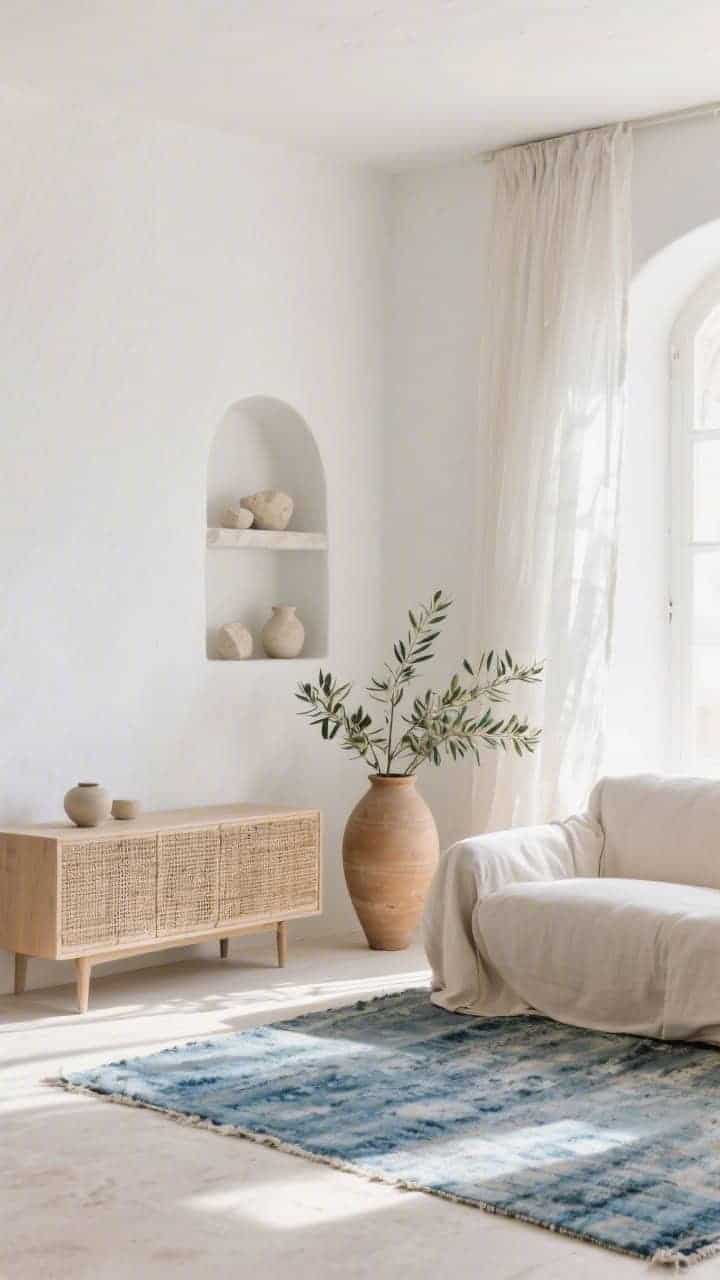 Corner angle, Mediterranean Breeze: soft chalk white walls with arched niche shelves holding pale stone objects and simple raw ceramics; a canvas slipcover sofa opposite a cane-front media cabinet; a faded indigo flatweave rug grounding the space; gauzy sheer curtains moving slightly in a breeze; olive branches in a tall amphora vase beside the cabinet; palette of chalk white, sand, faded indigo, olive; sunlit, airy, photorealistic.