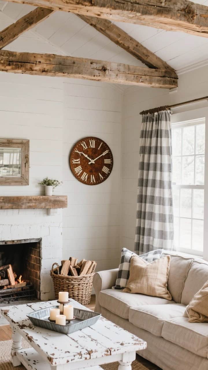 Corner-angle wide shot of rustic farmhouse: exposed or faux beams, neutral sofa with grain-sack pillows; coffee table with flaking white paint; buffalo-check curtains in soft grey; woven basket full of firewood near the hearth; galvanized tray holding candles on the table; large rusty metal wall clock as focal point; cozy, lived-in warmth.