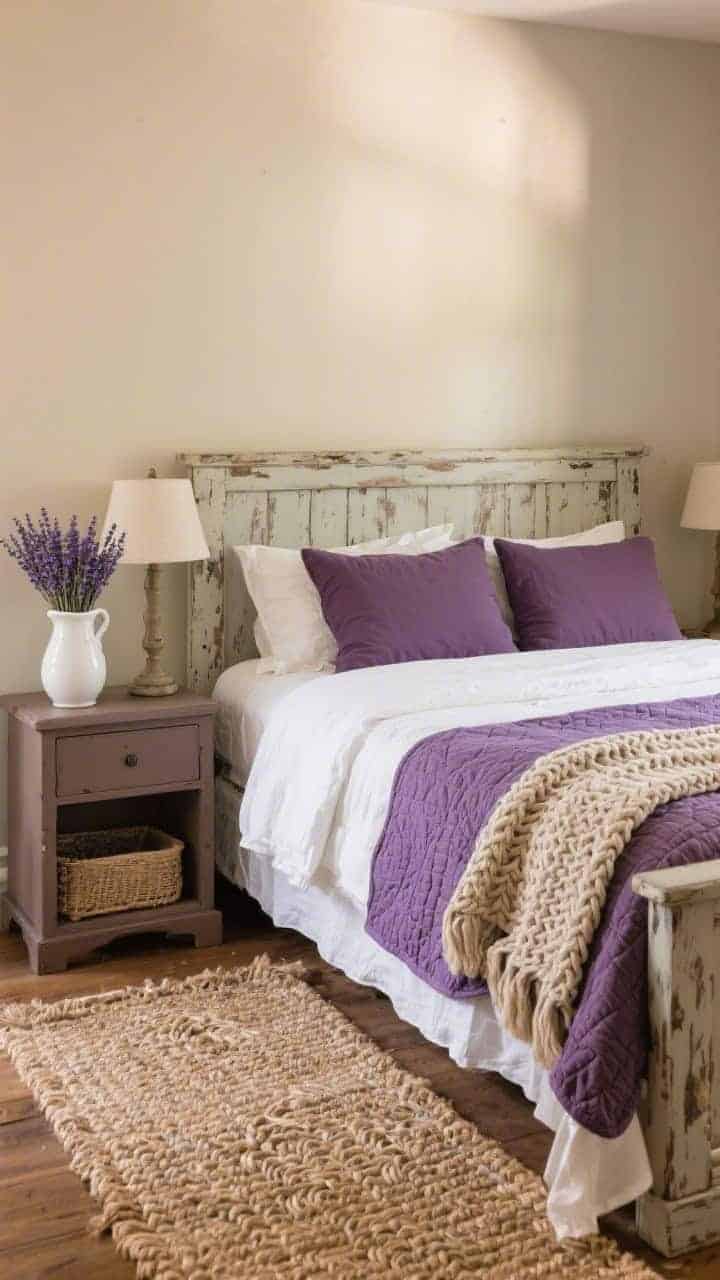 Cozy medium guest room: weathered wood bed with white linen sheets, a lavender quilt, and deep plum shams; braided jute rug underfoot; milk-painted taupe nightstands with a lavender ceramic lamp; dried lavender bundles in a white pitcher; a woven throw at the foot of the bed; warm, rustic light.