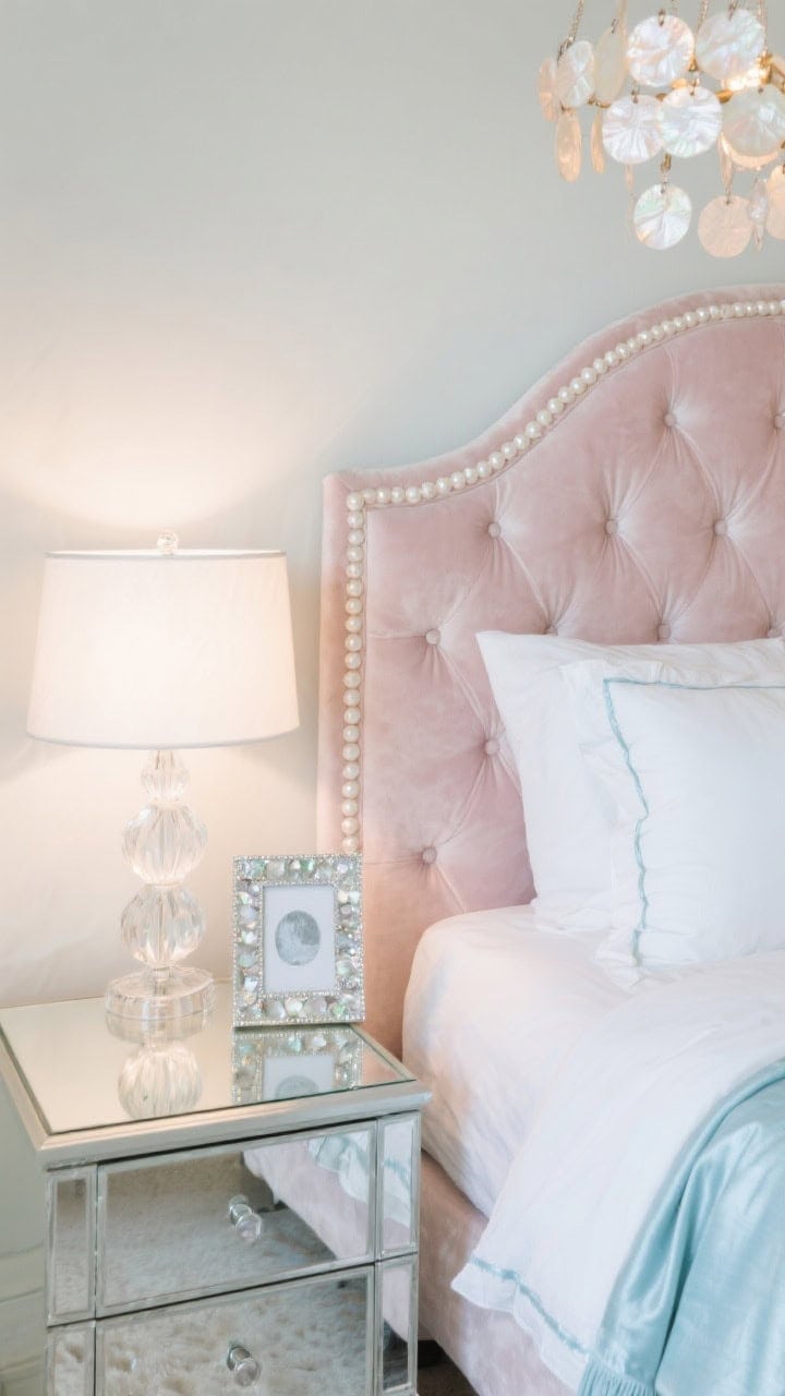 Detail closeup of coastal glam materials: tufted velvet headboard in shell pink/ivory with soft sheen; pearl-finished nightstand surface reflecting light; Lucite lamp base crystal-clear; capiz chandelier discs softly glowing; white bedding with a pale blue satin throw edge peeking in; mother-of-pearl photo frame sparkling; elegant, luminous lighting.