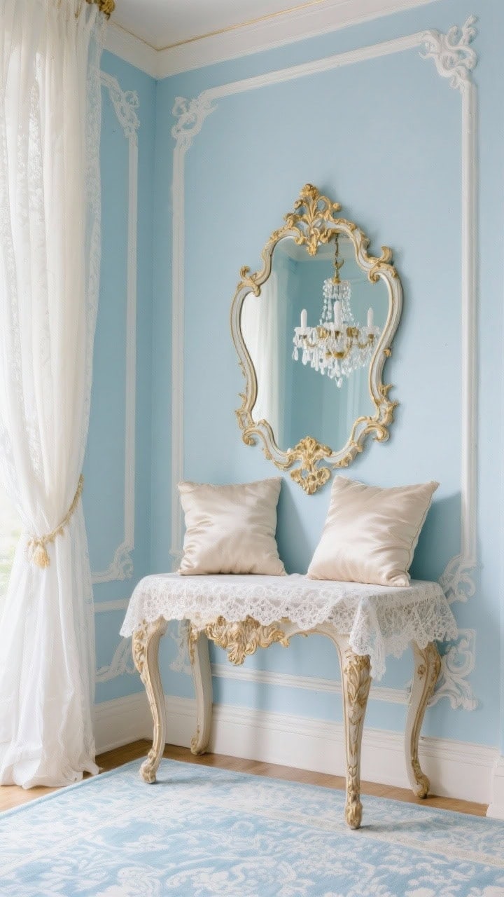 Detail shot focused on rococo revival elements: powder blue wall with white trim, a curvy rococo mirror reflecting a painted-over chandelier with hints of gold peeking through; nearby carved side table holding silk-look pillows in pale tones; lace-trim sheers framing the edge of the scene; pale blue damask rug visible below; palette of powder blue, ivory, antique gold; soft, elegant light, photorealistic.