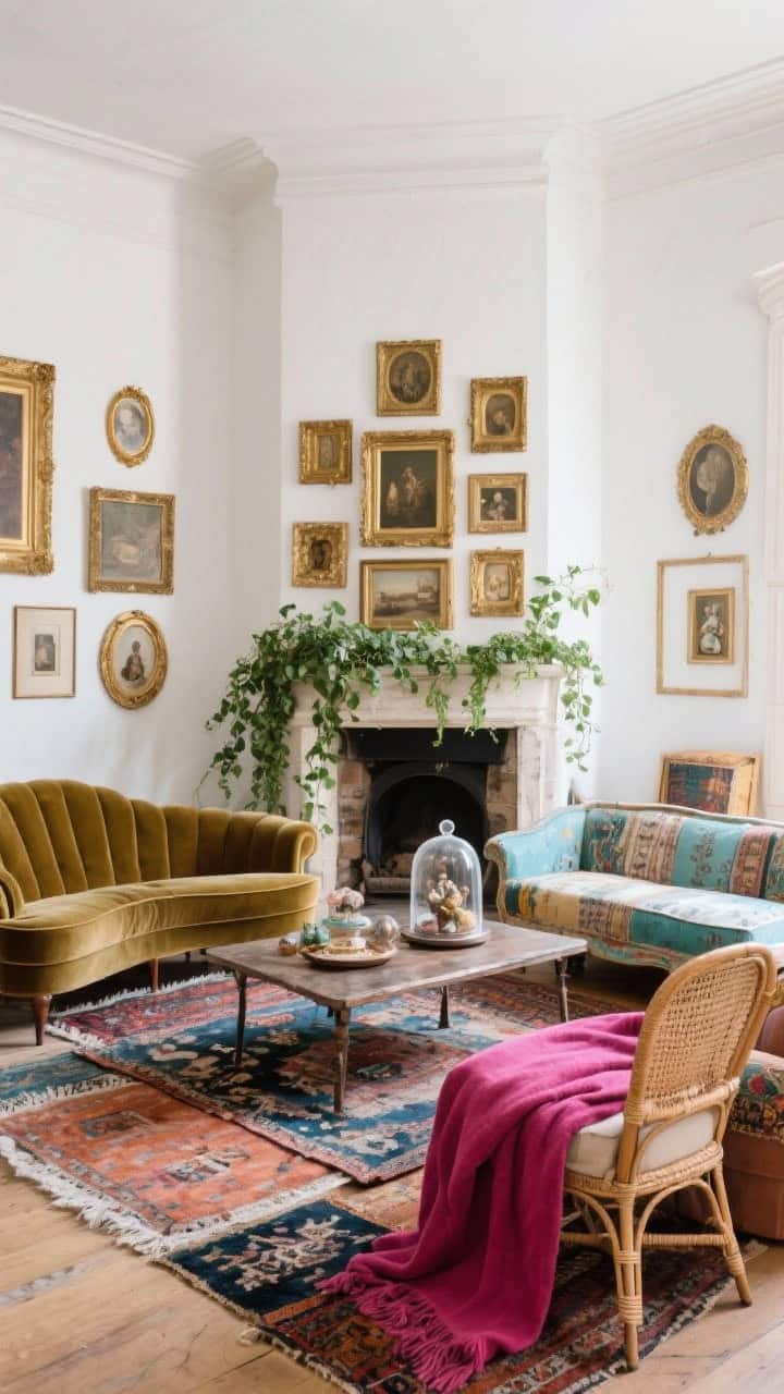 Dynamic medium shot of a bohemian château mix-and-match space with chalk-white walls, mismatched vintage seating (curved velvet loveseat, cane-back chair, painted settee), multiple layered overdyed rugs, salon-style wall of stacked gilded frames, a trailing ivy plant draped over the mantel, a glass cloche of curiosities on the coffee table, and a magenta throw adding a pop; eclectic, creative vibe with soft diffused light, photorealistic.