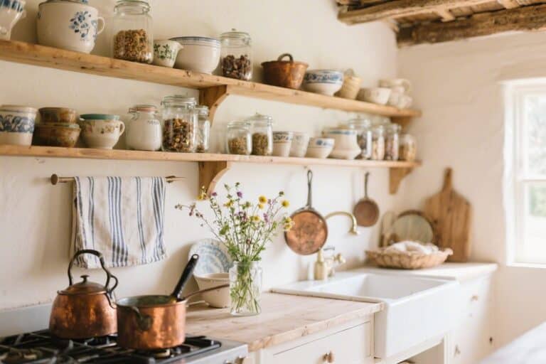 18 Country Cottage Kitchen Shelf Styling Ideas With Vintage Touches You’ll Love