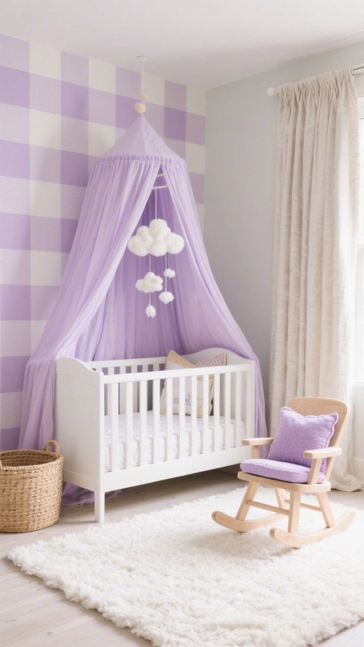 Gentle wide nursery shot: warm white crib against a lavender gingham accent wall; plush ivory rug on the floor; lilac canopy draped over a cozy reading nook; pale wood rocker with a lavender cushion; felted cloud mobile above; linen blackout curtains in light lilac; woven hamper nearby; tender, quiet lighting.
