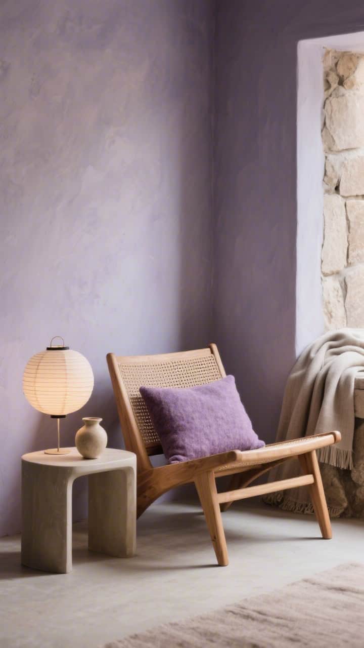 Intimate reading nook detail: low slatted lounge chair in natural oak with a lilac wool cushion; pared-back side table holding a small paper lantern and a sculptural ceramic vase; wall painted stony lilac-gray; linen throw draped casually; earthy palette of taupe and stone with a calm, meditative mood; soft, diffused light.