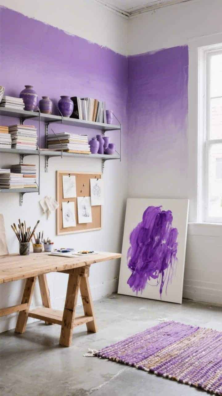 Medium artist studio wall and table: one wall painted with a lilac ombré wash fading from mid-tone to soft haze; industrial shelving with stacks of sketchbooks and lavender-glazed pottery; raw pine worktable with brushes and paint; linen pinboard; a bold lavender-and-ink canvas leaning; bare concrete floor with a handwoven ash-lilac rug softening the area; bright, creative daylight.