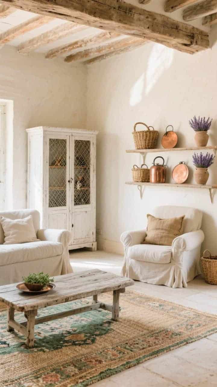 Medium corner angle of a rustic Provence farmhouse living area with chalky cream walls, an exposed ceiling beam, a whitewashed armoire with chicken-wire doors, slipcovered armchairs with a vintage grain-sack pillow, a weathered farmhouse bench used as a coffee table; layered rugs with a sisal base and a faded Persian on top; copper pots on open shelves, woven baskets, lavender in urns; colors of cream, flax, thyme green, and warm terracotta; natural afternoon light, photorealistic.