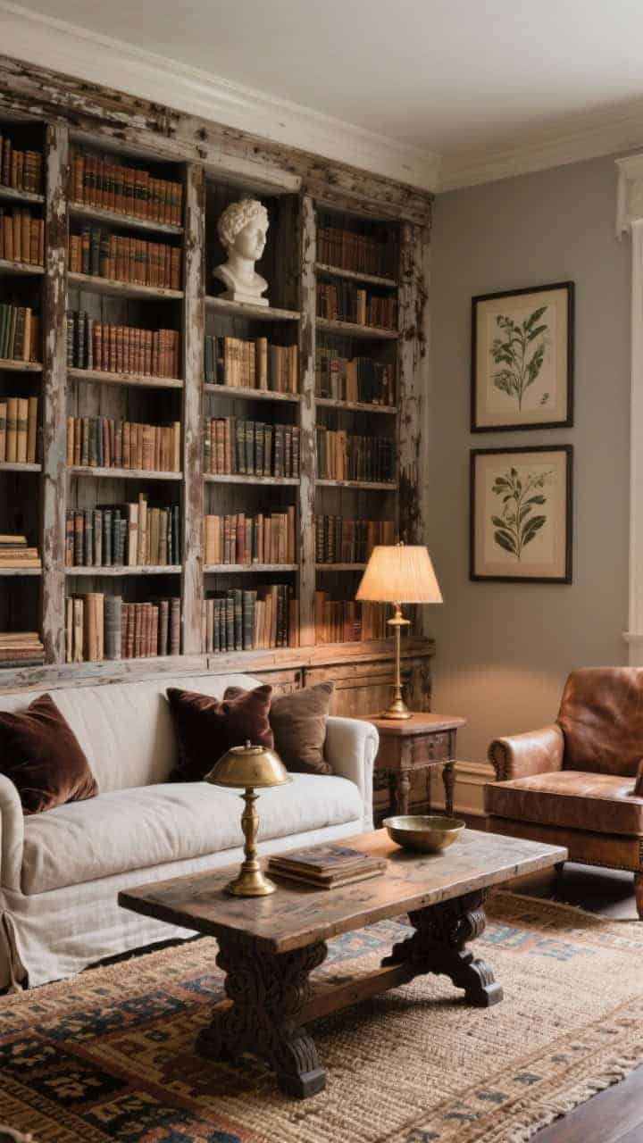 Medium cozy corner of a linen library with timeworn woods: an entire wall of distressed bookcases filled with old books, plaster busts, framed botanicals; rolled-arm linen sofa with velvet pillows; carved wood coffee table; aged brass library lamps casting warm pools of light; kilim layered over a sisal base; weathered leather club chair off to the side; tones of taupe, tobacco, and ink; snug, lived-in mood, photorealistic.