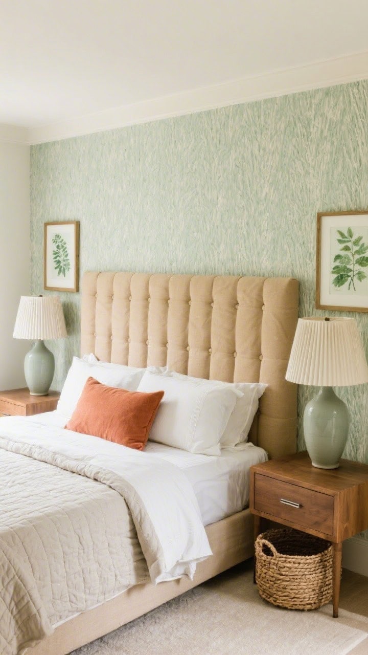 Medium-detail bedroom vignette: Serene sand-and-sage retreat featuring sage grasscloth wallpaper, a channel-tufted warm sand headboard, and matte ceramic lamps with pleated shades; ultra-light bedding with percale sheets, stone-washed linen duvet, thin quilt folded at the foot; walnut nightstands with slim hardware, woven baskets, framed botanical prints in soft green; a pale terracotta lumbar pillow adding gentle warmth; soothing natural light.