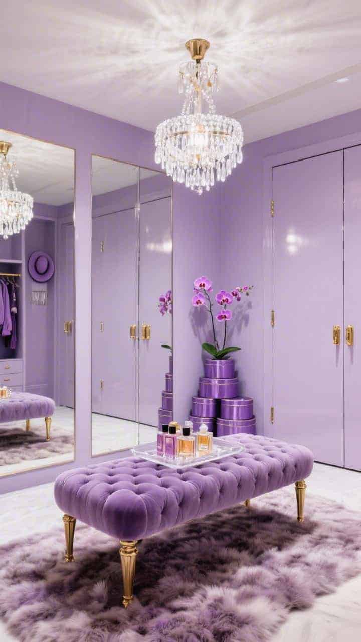 Medium dressing room glam: orchid-lavender walls and mirrored wardrobes reflecting light; tufted velvet bench in dusky lilac centered on a faux-fur rug; small crystal chandelier overhead; perfumes arranged on a lucite tray; brass hardware gleaming; lavender hat boxes stacked neatly; glossy, film-star ambiance.