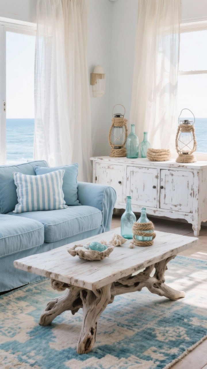 Medium shot: Coastal shabby vignette with a light denim slipcovered sofa, a sculptural driftwood coffee table, and whitewashed sideboards showing sun-kissed patina; accents include pale blue nautical stripes on cushions, sea glass bottles, and rope-wrapped lanterns; a faded Turkish rug with ocean tones grounds the scene; gauzy sheer curtains glow with soft seaside daylight, photorealistic.