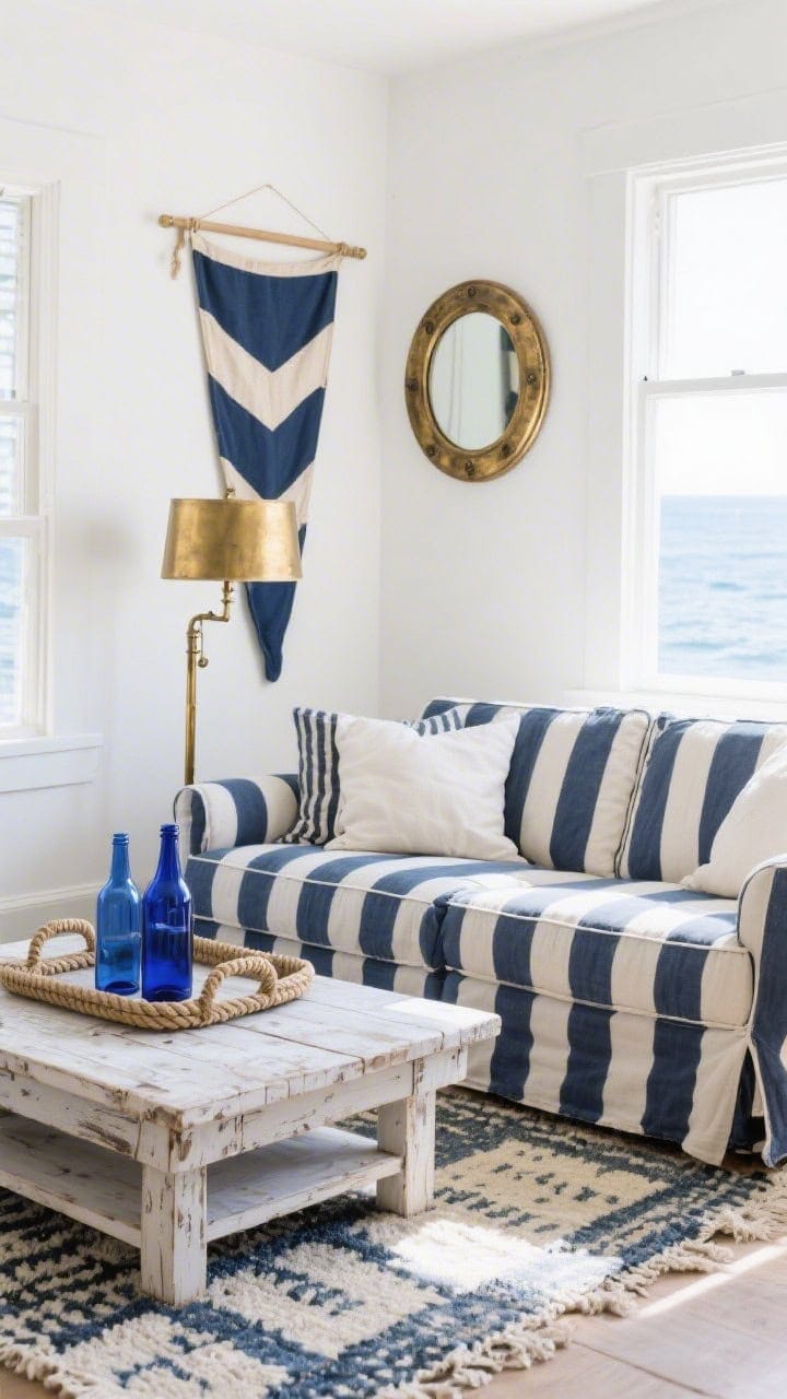 Medium shot, Nautical Natural: canvas slipcover sofa with striped navy-and-white dhurrie rug underfoot; weathered brass floor lamp beside the sofa; bleached wood coffee table styled with a rope-handle tray and blue glass bottles catching light; canvas signal flag art on the wall; porthole-style aged brass mirror reflecting the room; palette of navy, canvas, brass, white; bright coastal light, photorealistic.