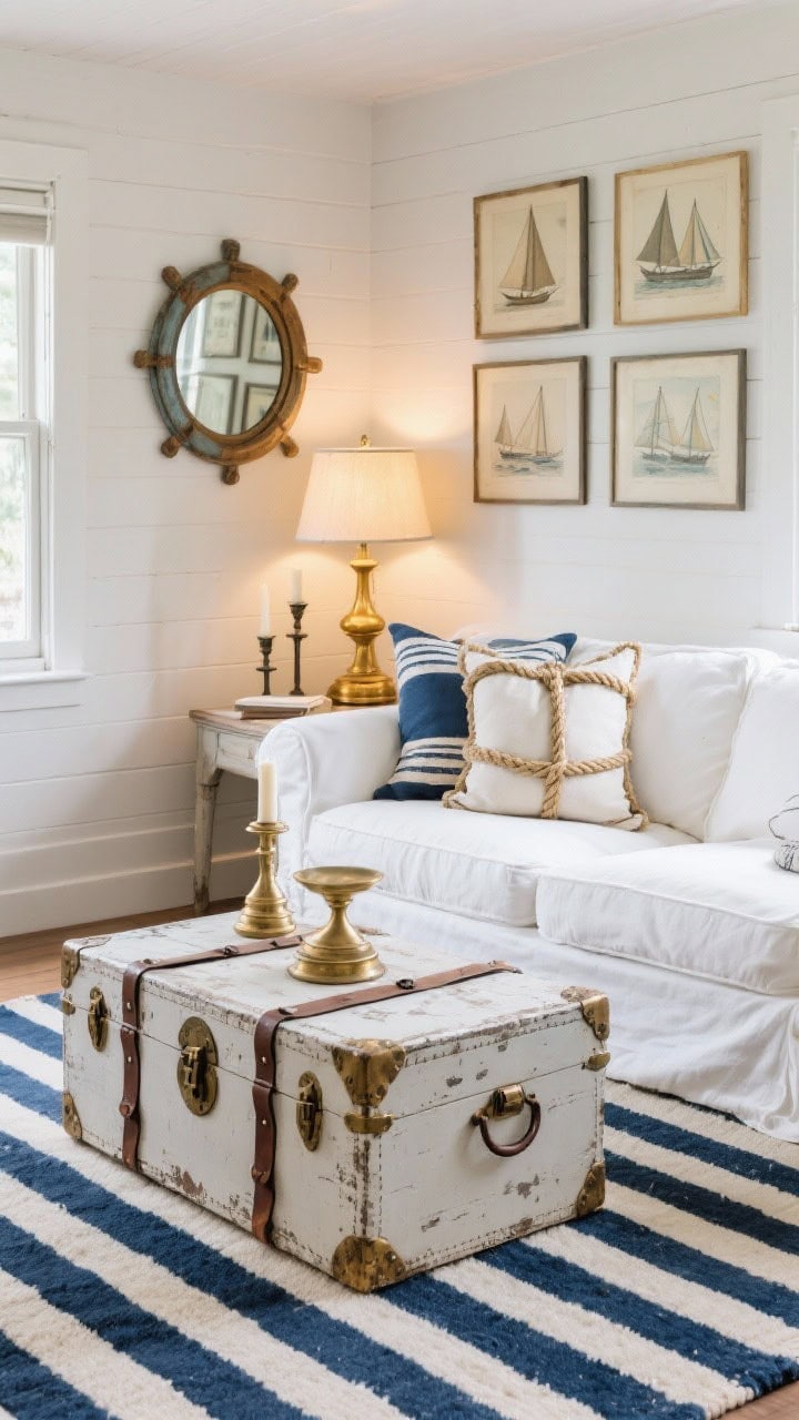 Medium shot nautical shabby nook: navy-and-cream striped rug grounding a white slipcovered sofa; weathered trunk coffee table with leather straps; brass accents—porthole-style mirror, candlesticks, reading lamp; vintage sailing prints on the wall; rope detail pillows; warm, golden lamp light mixing with cool daylight.