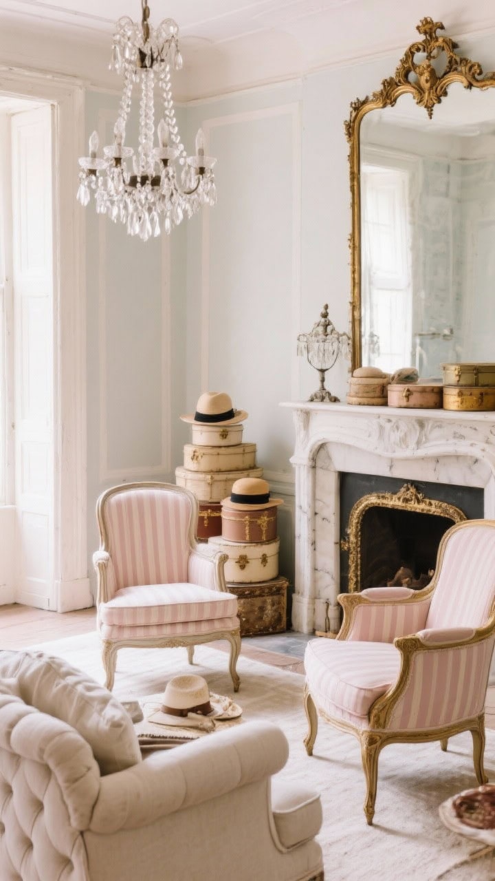 Medium shot of a French flea market–inspired seating area: tufted linen sofa with curved arms, two Louis-style armchairs in pale stripe, palette of dusty rose, parchment white, and antique gold; petite crystal-draped chandelier overhead; distressed gilt mirror reflecting soft light; stack of vintage hat boxes by a fireplace; elegant, romantic ambiance.