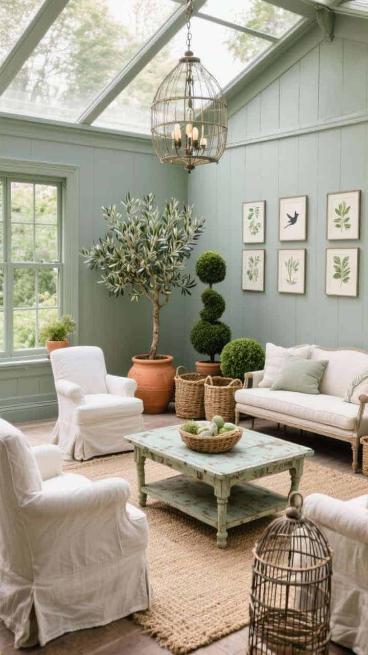 Medium shot of a garden conservatory-inspired living room with sage gray walls, a vintage garden table as the coffee table surrounded by slipcovered chairs and a petite settee; potted topiaries, an olive tree, and a terracotta urn grouped together; botanical prints, wicker baskets, and a jute rug; wire birdcage chandelier overhead; fresh, natural daylight filtering in, photorealistic.