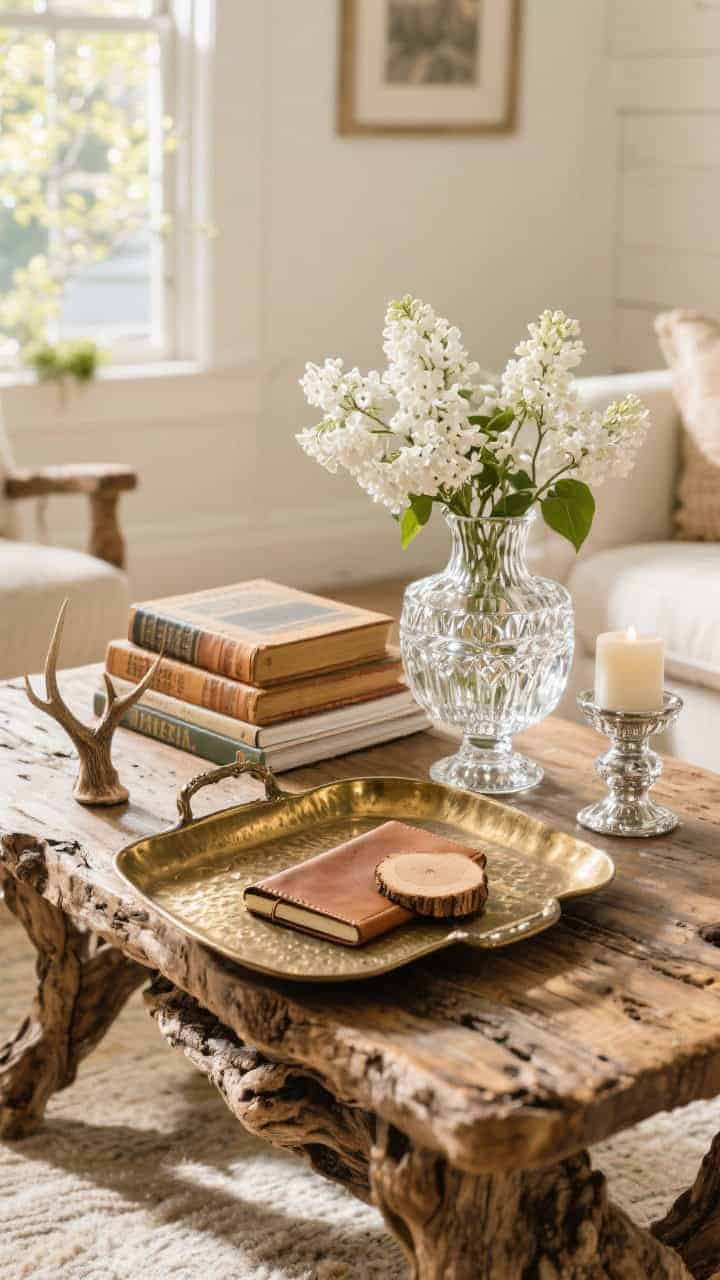 Medium shot of a knotty farmhouse coffee table; a hammered antique brass tray holds heritage cookbooks and design tomes with warm, worn spines; a cut-crystal vase brimming with white lilacs sparkles beside a mercury glass candle; a leather-bound notepad and a small antler or petrified wood slice add rustic accents; warm, glinting spring light that catches crystal facets.