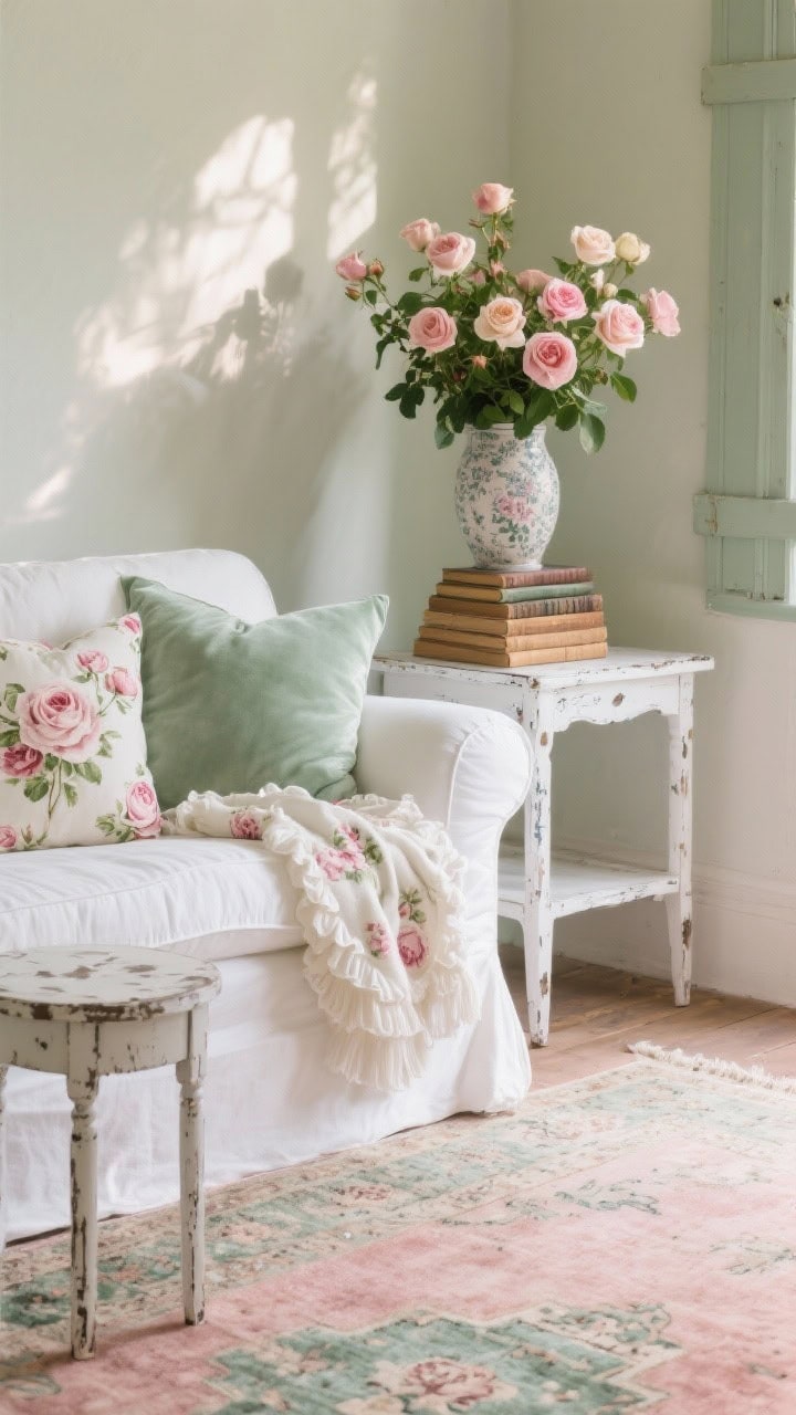 Medium shot of romantic rose cottage vignette: rolled-arm white linen sofa layered with rose-print pillows, soft sage velvet cushions, and ruffled throws; faded Persian rug in blush and sage underfoot; chippy white side tables; tall vase of garden roses atop a stack of vintage books; soft, diffused afternoon light for a dreamy feel.